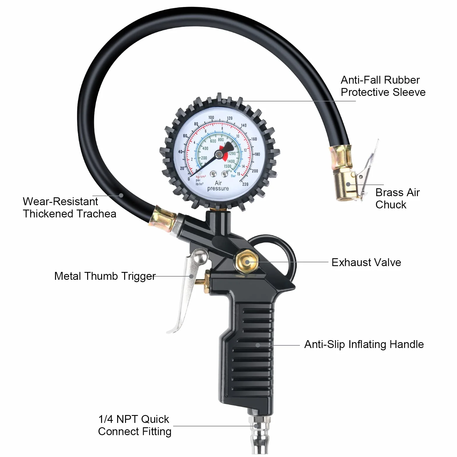Manometr do opon, 220 PSI, pompka do opon z gumowym wężem, narzędzie rdzeniowe zaworu, akcesoria do sprężarek, adapter, nadaje się do sprężarki, samochodu, motocykla, roweru, ciężarówki