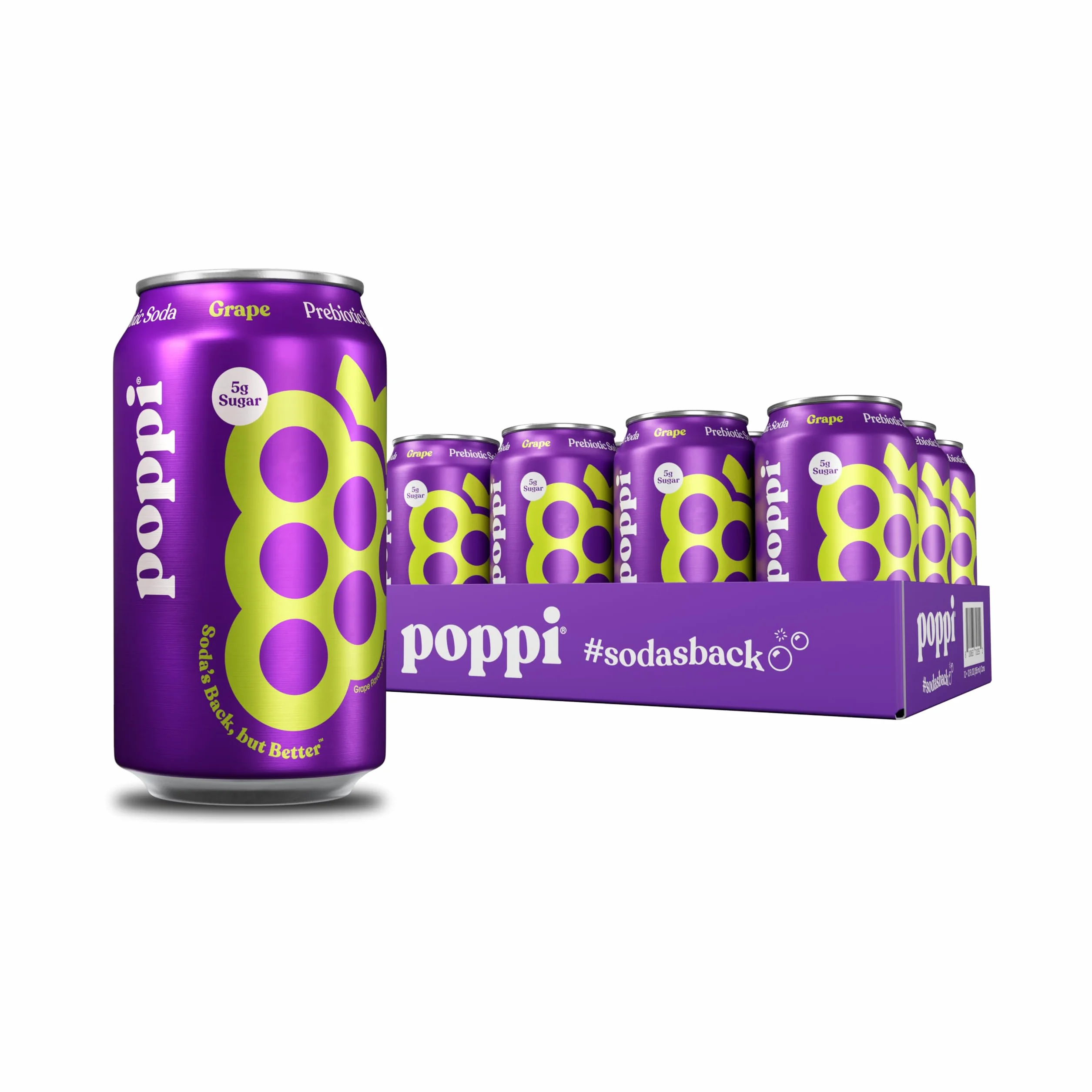 POPPI Sparkling Prebiotic Grape Soda w/Gut Health & Immunity Benefits, Beverages made with Apple Cider Vinegar, Seltzer Water & Fruit Juice, Low Calorie & Low Sugar Drinks, 12oz (12 Pack)