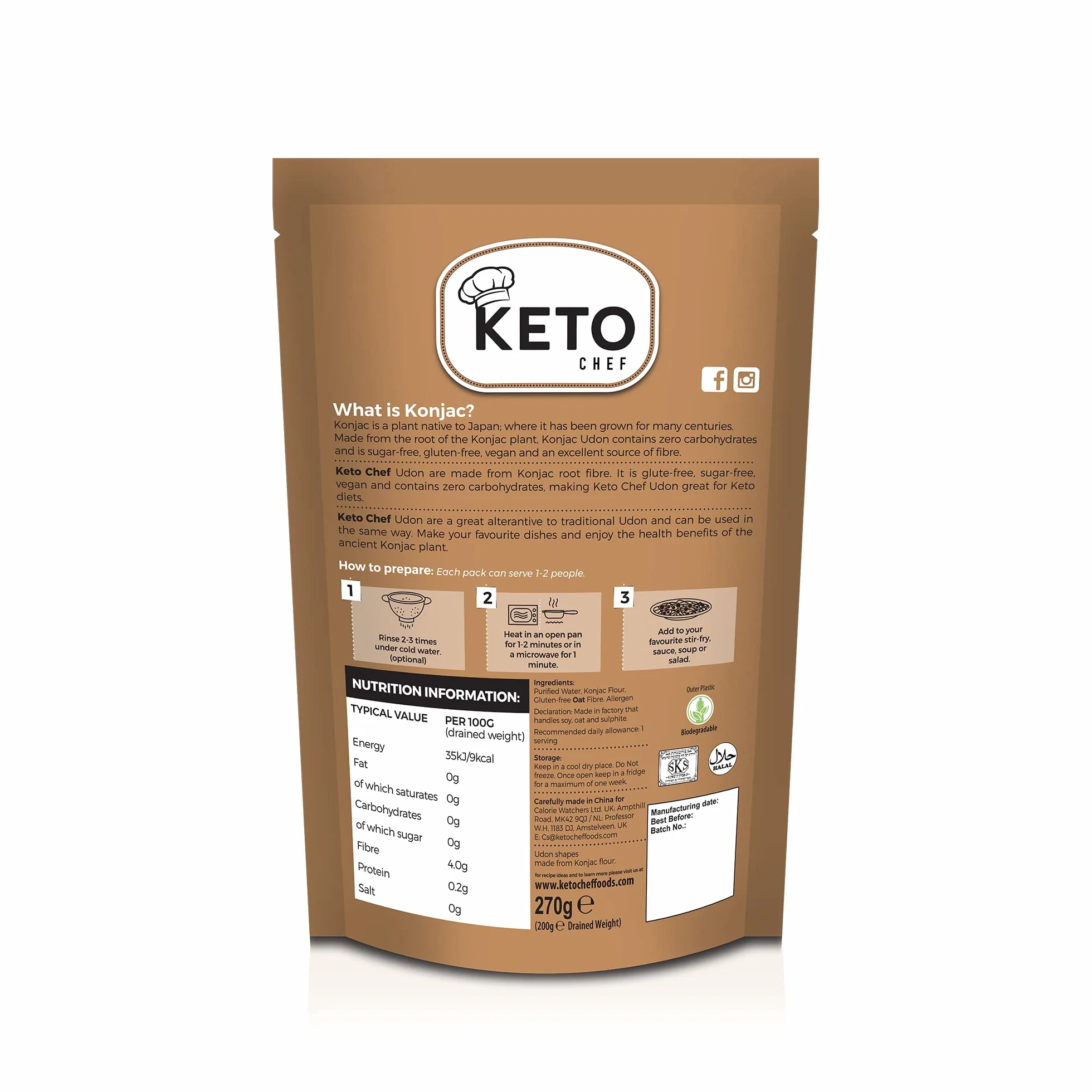 Keto Chef Gruby makaron instant Udon - Konjac wegański makaron, bez tłuszczu, cukru i węglowodanów, z mąki, zdrowe, niskokaloryczne jedzenie, gotowe do spożycia, 270 g