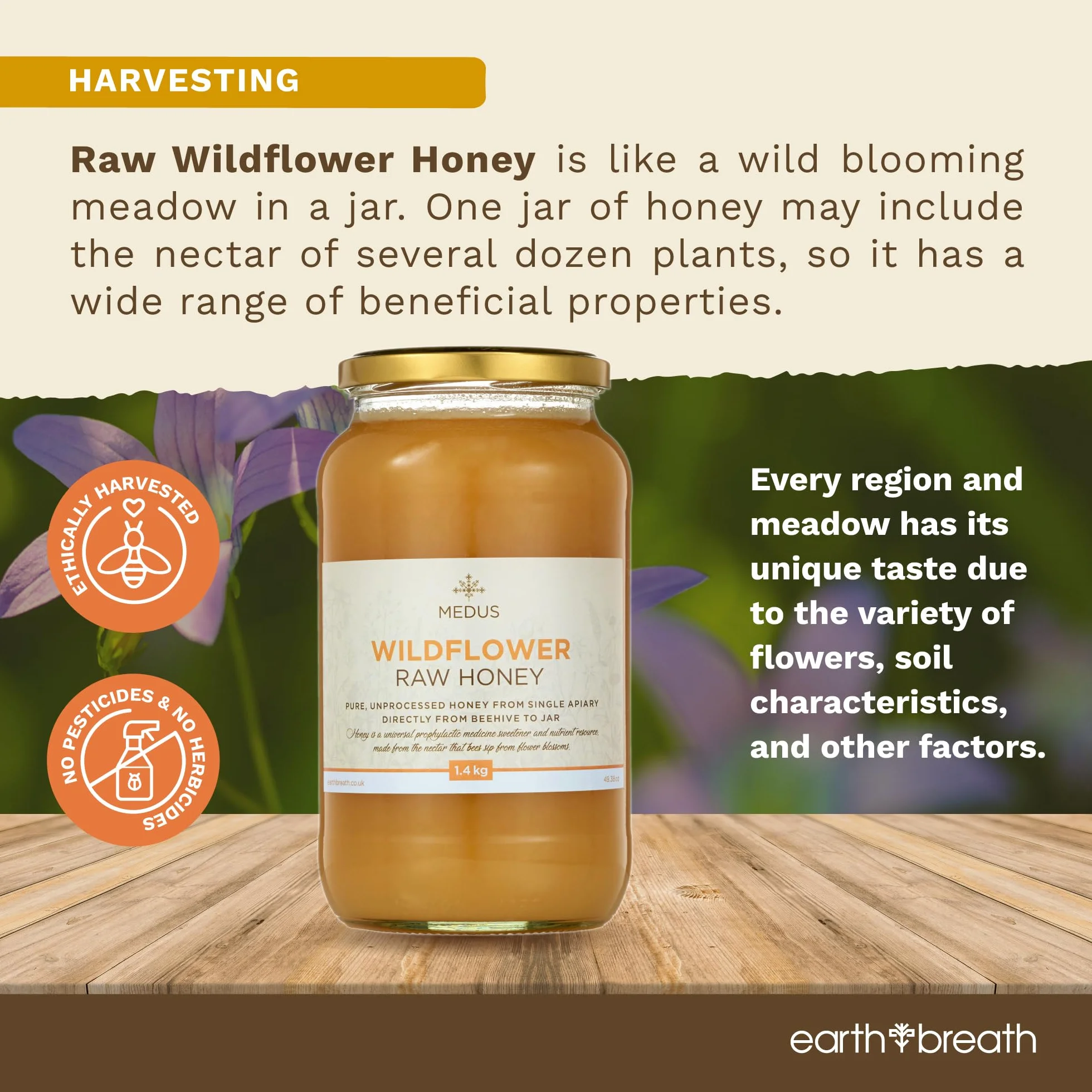 Earthbreath Wildflower Raw Honey 1,4 kg – 100% czysty, naturalny