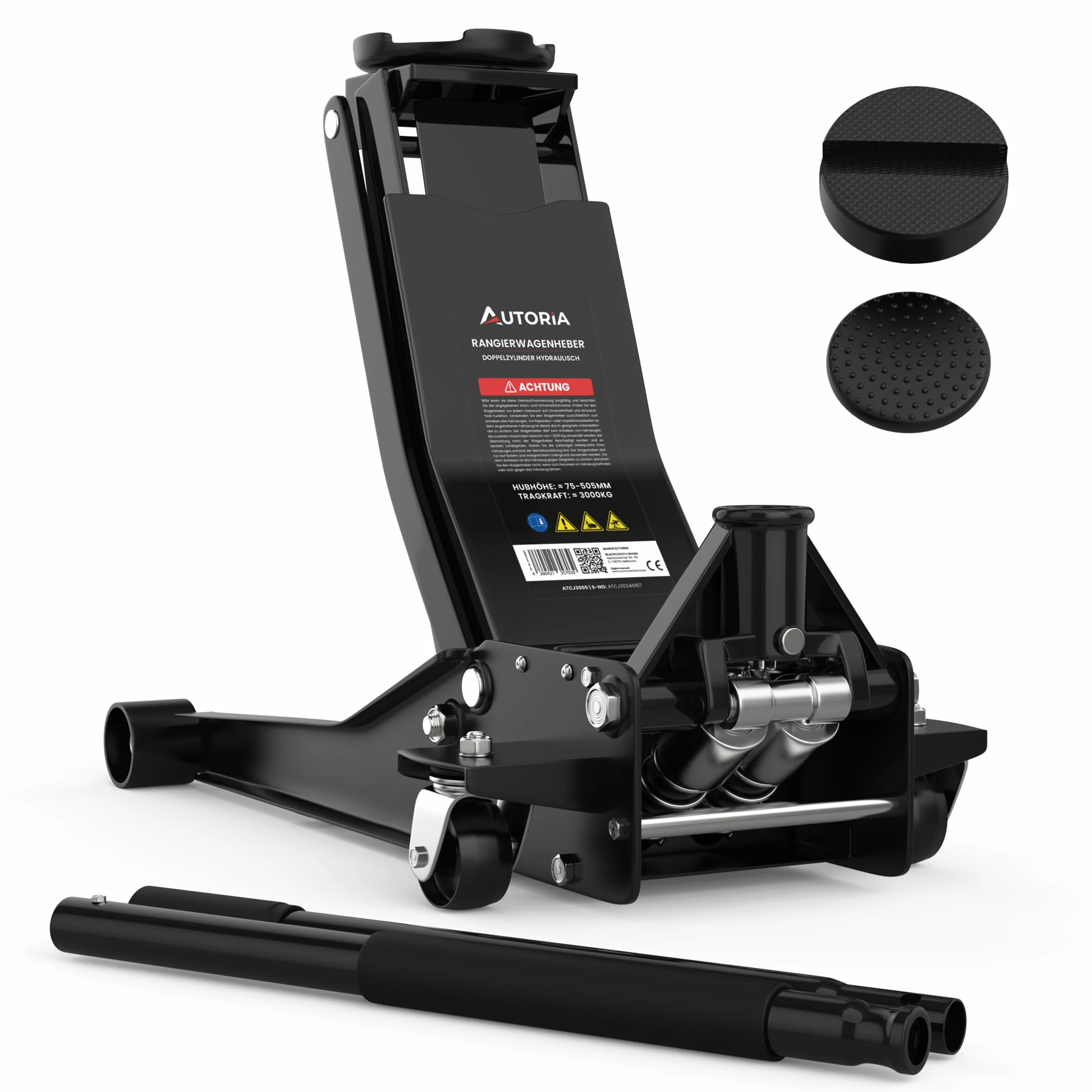 Hydrauliczny podnośnik samochodowy 3T – płaski podnośnik manewrowy z 2 gumowymi nakładkami i podwójnym tłokiem – Quicklift od wysokości podnoszenia 75 mm – do samochodów osobowych i SUV-ów – nośność