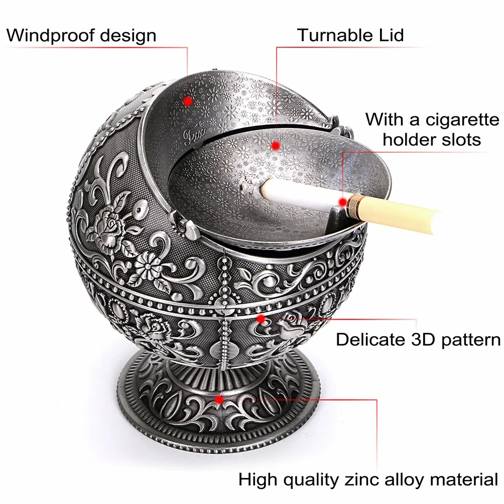 BSTKY Windfester Vintage-Aschenbecher mit Deckel - Klassisches Burgenmuster, Tisch-Aschenbecher, für drinnen und draußen, Retro, für zu Hause, Büro, als Dekoration silber