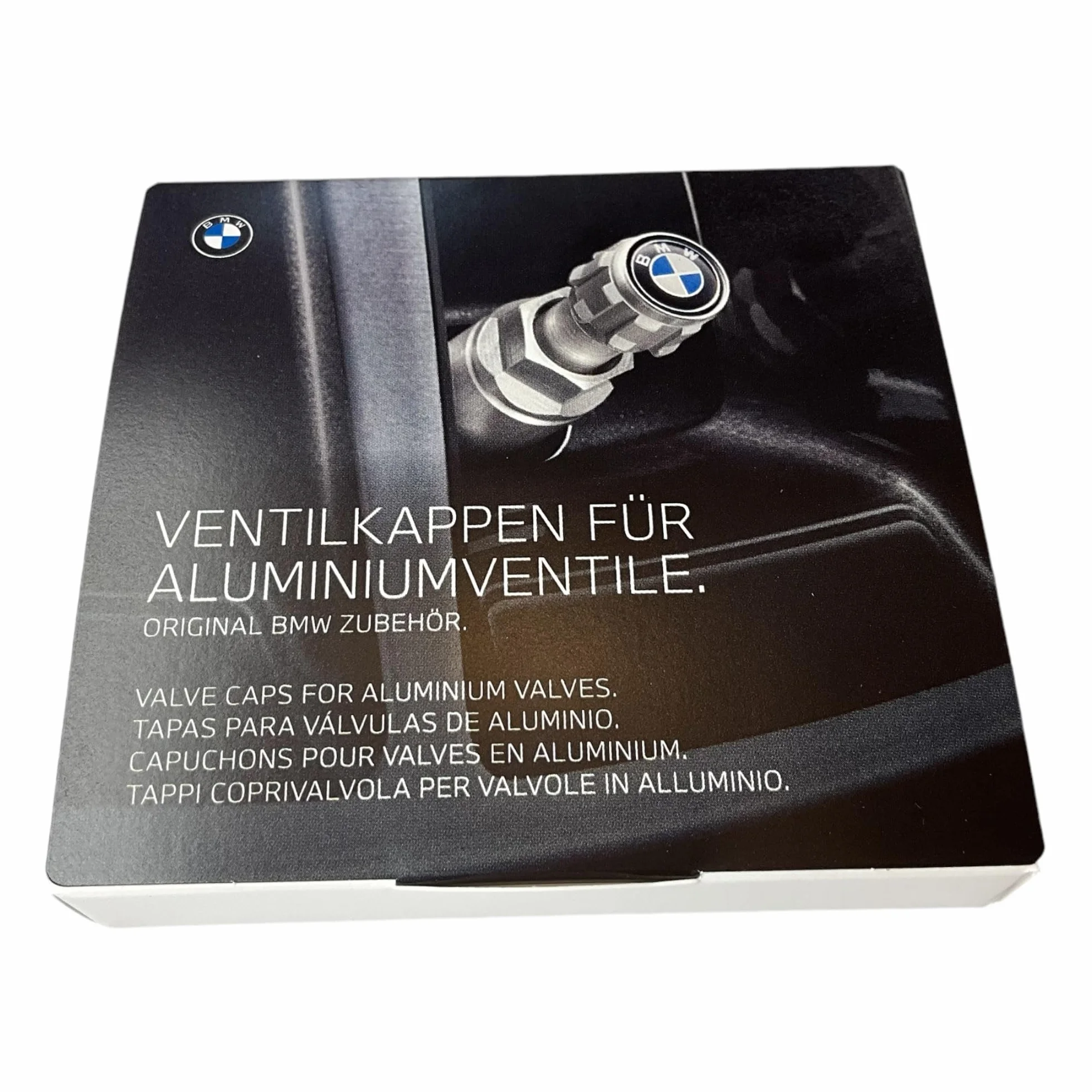 BMW Oryginalny zestaw nasadek na wentyle z logo BMW z aluminium, zestaw 4 sztuk do pojazdów z Rdci, czarny, srebrny