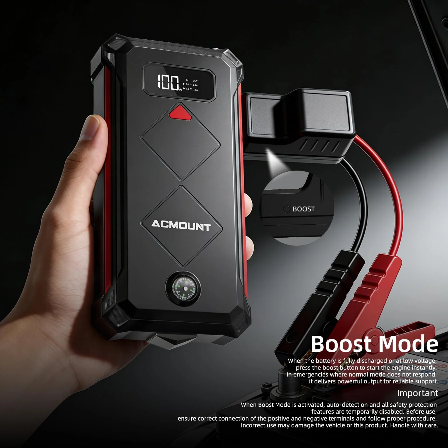 Acmount Powerbank Rozruchowy, 7000A Samochodowy Powerbank Rozruchowy do Osobowych, Rozrusznik (Do 12L Benzyna/10L Diesel), Booster Baterii z Latarką LED, Kablami Rozruchowymi, USB i Kompasem