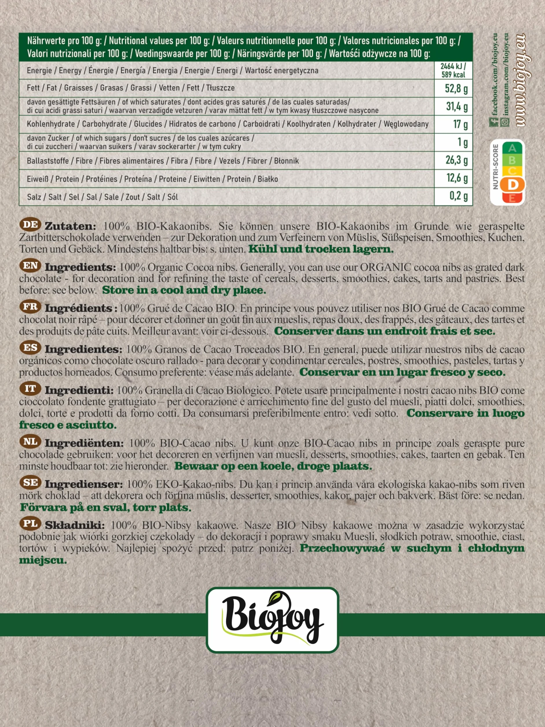 Biojoy BIO Nibsy kakaowe (500 g), surowe i bez dodatku cukru, Cacao nibs (Theobroma cacao)