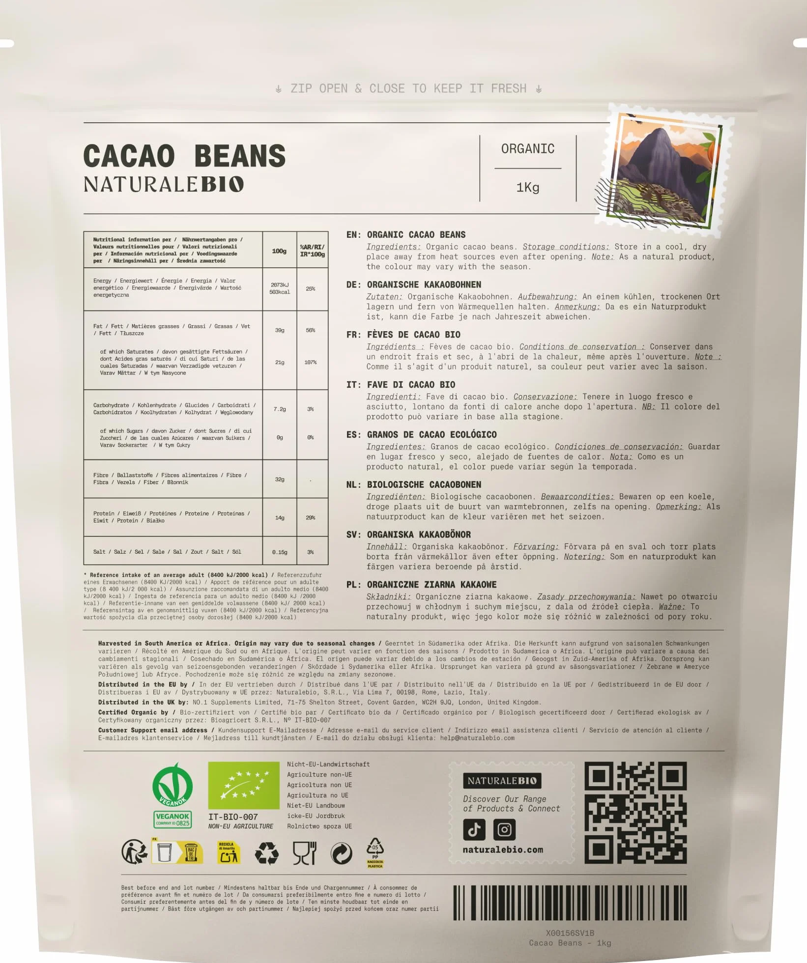 Organiczne Ziarna Kakao Surowe 1kg Bio NaturaleBio