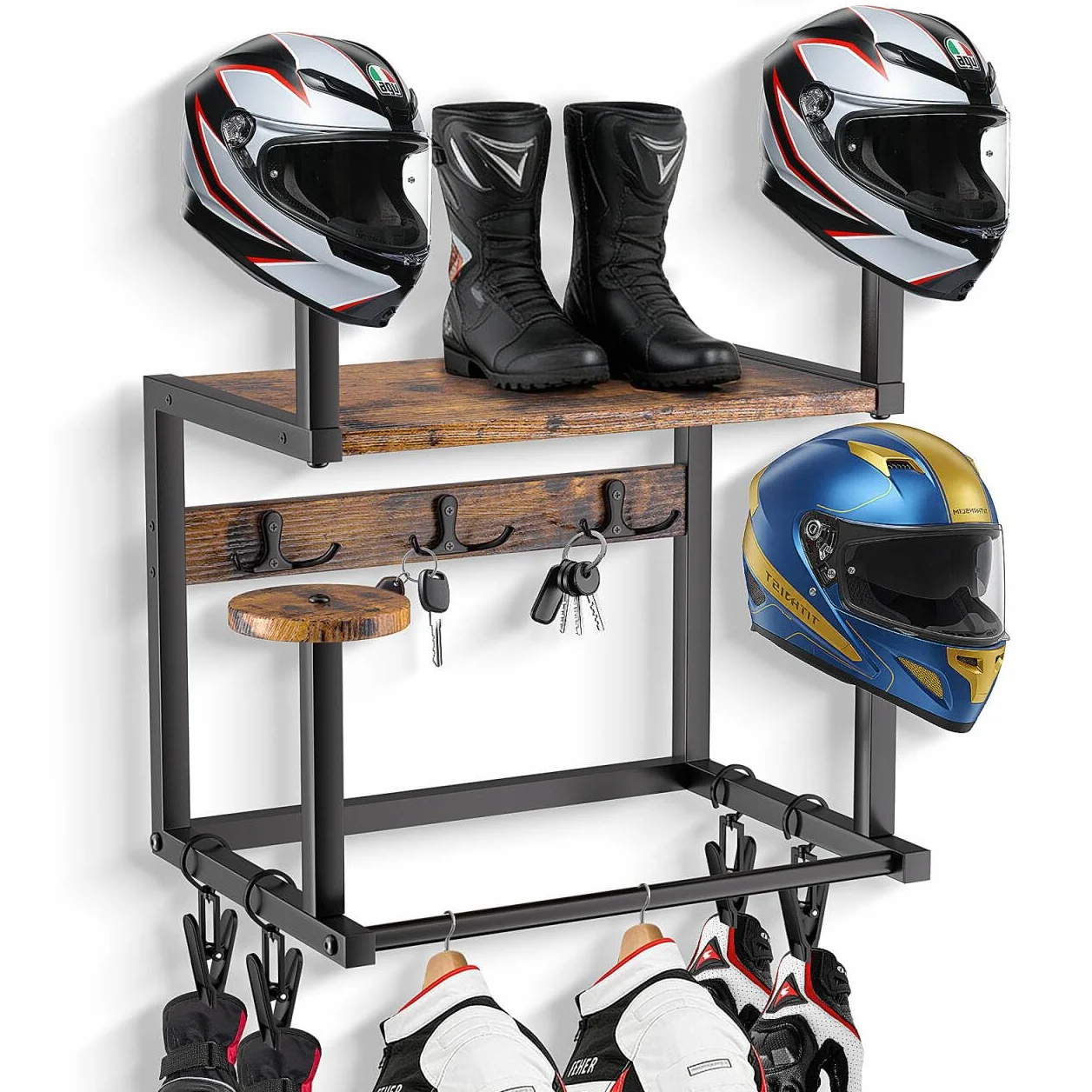 Uchwyt na kask, uchwyt ścienny, stojak na kask motocyklowy, stojak na płytę, organizer z 1 drewnianą deską, 4 stojakami na kask i hakami do motocykla, piłki nożnej, sprzętu rowerowego