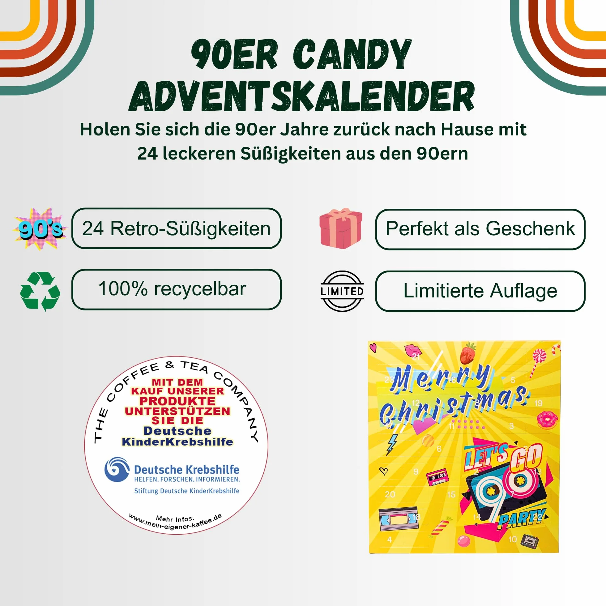 C&T Kalendarz adwentowy z 90 słodyczami 2025 | 24 x cukierki w stylu retro z lat 90. | Vintage Nostalgiczny kalendarz bożonarodzeniowy ze słodyczami z dzieciństwa