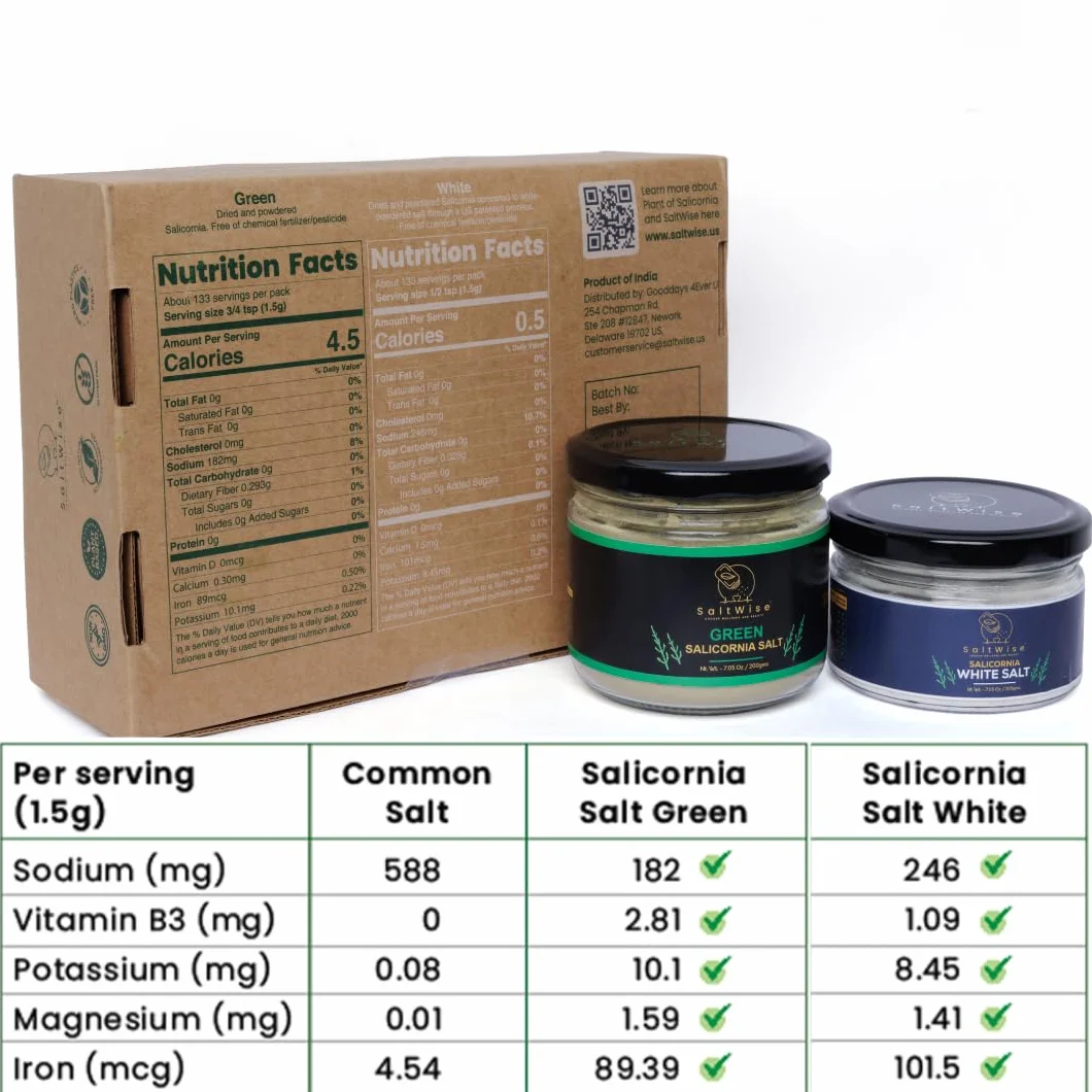 SaltWise Green & White Salicornia Salt Gift Set 14.10 oz / 400g Gourmet Plant-Based Low Sodium Vegan Natural