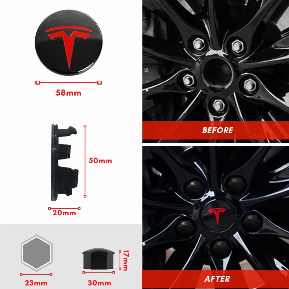 Zestaw Nakładek na Koła Samochodu kompatybilny z TESLA Model 3. Zestaw Zaślepek środka Koła. Car Wheel Center Hub Caps (4 kołpaków koła samochodu + 20 kołpaków nakrętek)