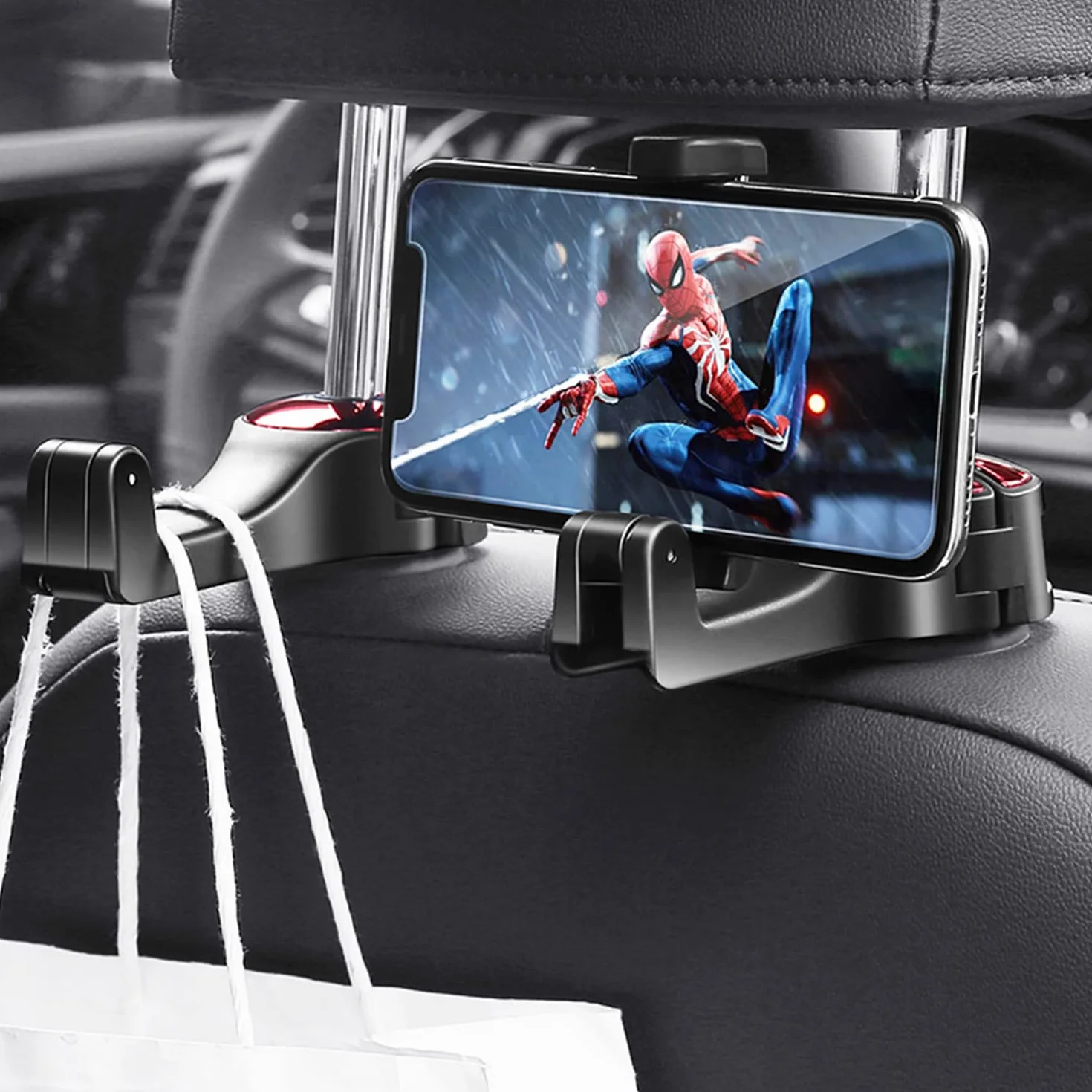 ViWaVee Uchwyt na zagłówek samochodowy z uchwytem na telefon komórkowy, hak tylny 360° do foteli samochodowych, do torby, portfela, żywności, organizera na tylne siedzenie, łatwy w obsłudze, czarny