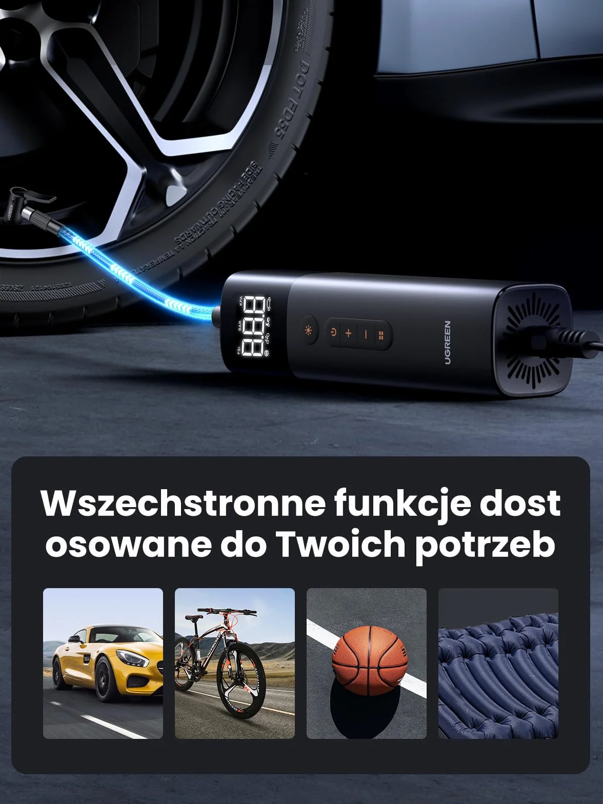 UGREEN Pompka powietrza (0,2-10,3bar) Elektryczny kompresor Przenośna pompka rowerowa Mini pompka do opon z cyfrowym wyświetlaczem LED Oświetlenie LED do wszystkich rowerów, motocykli i samochodów
