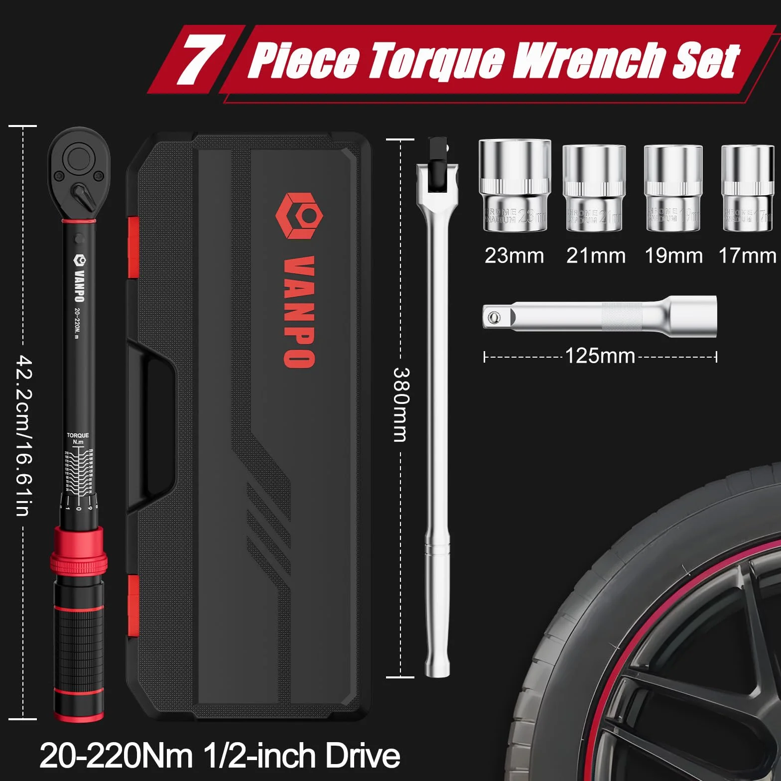 VANPO Klucz dynamometryczny 1/2" 20-220 Nm 7-częściowy zestaw