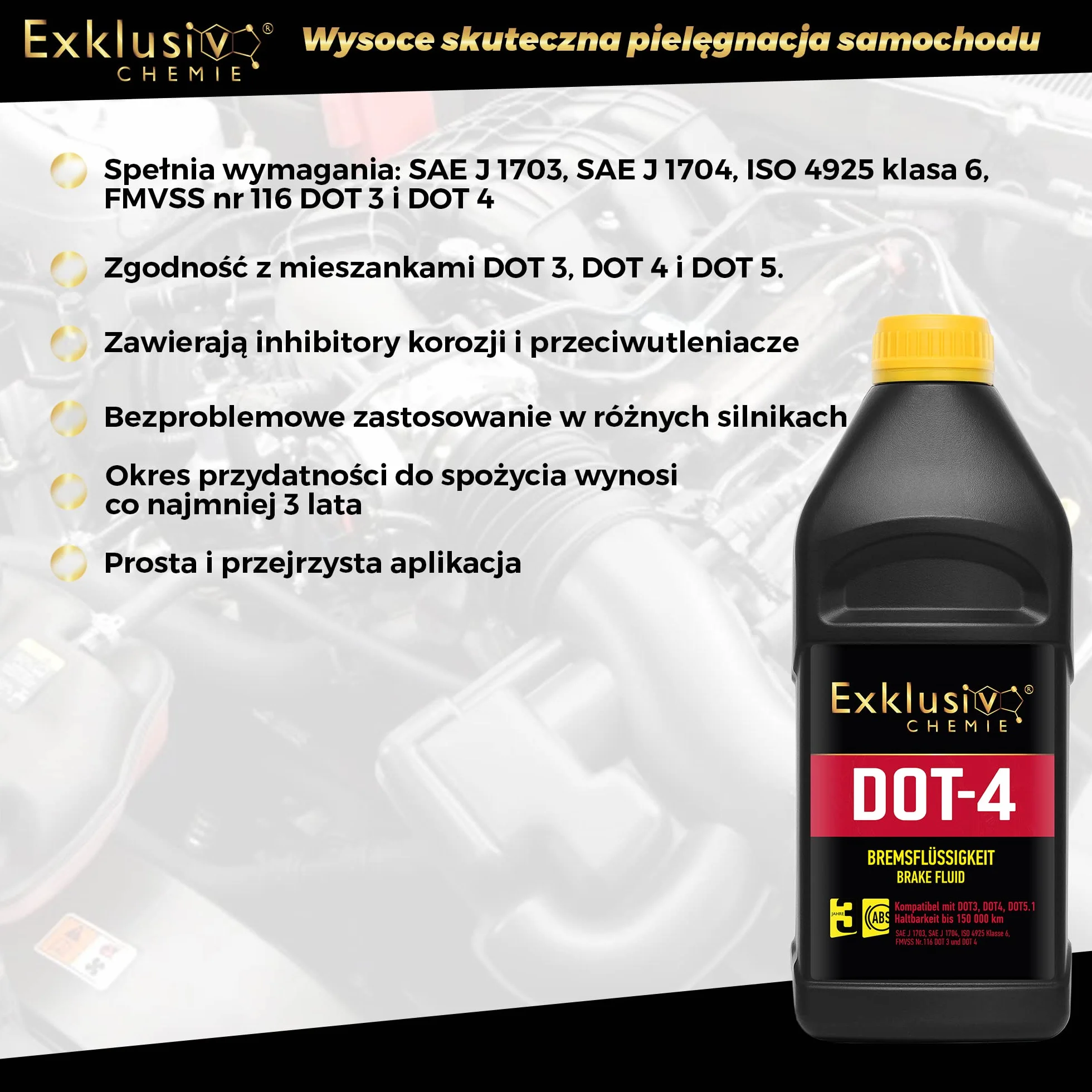 Exklusiv Chemie® Płyn hamulcowy DOT-4 | Do układów hamulcowych z ABS, TCS i ESP/DSC | Markowy płyn hamulcowy wysokiej jakości | Zoptymalizowana skuteczność hamulców | 1000ml