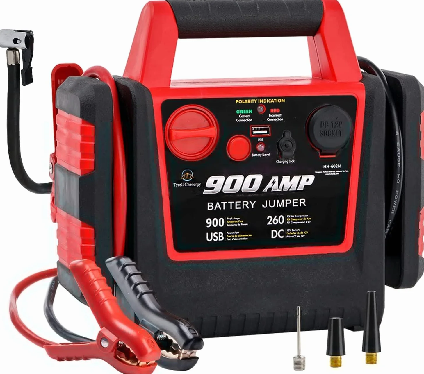Samochodowy zasilacz rozruchowy ze sprężarką powietrza, 900 A 12 V, akumulator kwasowo-ołowiowy, ładowarka powerbank z gniazdem USB i gniazdem DC, pompowanie opon 150 PSI z 3