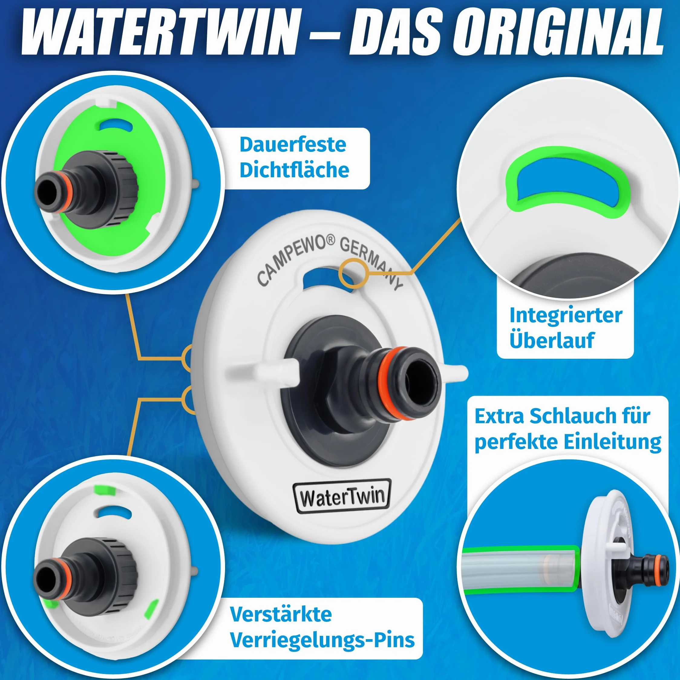 MaJoCompTec WATERTWIN adapter do napełniania wodą, adapter do zbiornika kompatybilny z przyłączem Gardena, akcesoria do pokrywy wlewu paliwa, do przyczep kempingowych, króćców napełniania (adapter 3