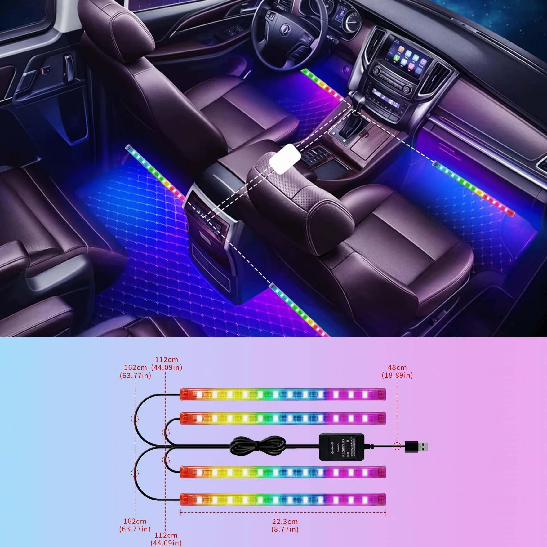 Oświetlenie wnętrza samochodu, 4 w 1, wodoodporne akcesoria LED do samochodu RGB taśmy LED dekoracja samochodu z muzyką aktywowaną dźwiękiem i pilotem zdalnego sterowania, idealne prezenty (RGB)