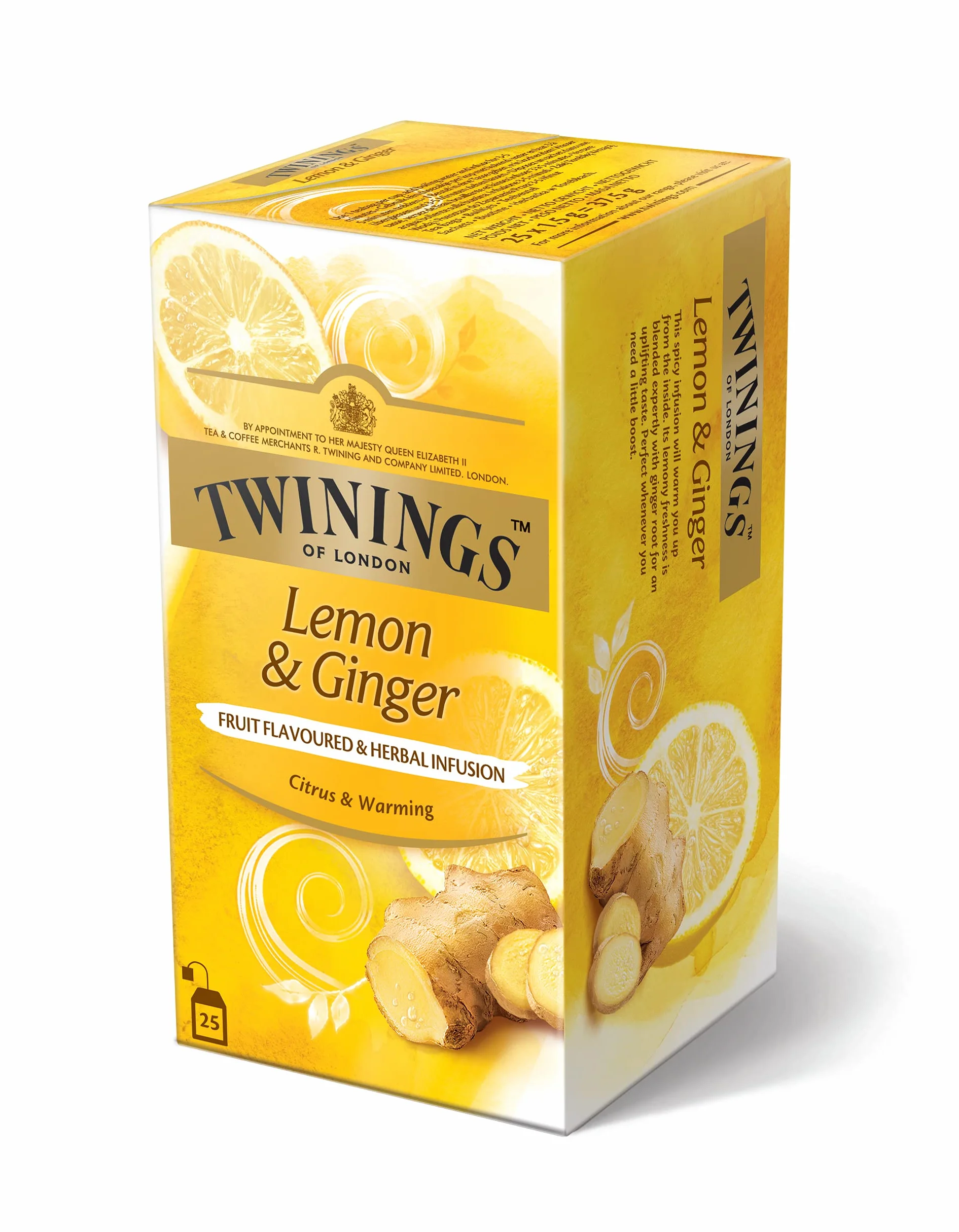 Twinings Herbata z cytryny i imbiru to pikantna mieszanka o smaku cytrynowo-imbirowym, która wprawi Cię w nastrojowy nastrój. 25 saszetek 1,5 g, 37,5 g, 3 szt. (3 x 38 g).