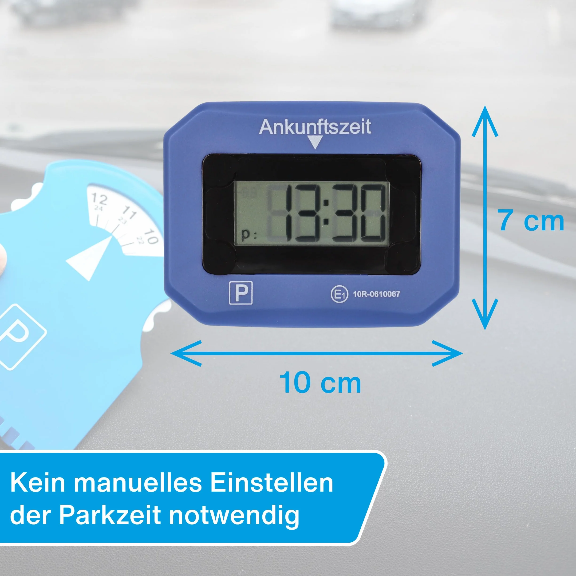 cartrend Cyfrowy zegar parkingowy do samochodu, elektroniczna tarcza parkingowa z dopuszczeniem KBA (kod typu pojazdu), automatyczny czas przybycia, z wyświetlaczem, niezawodny, łącznie z baterią i
