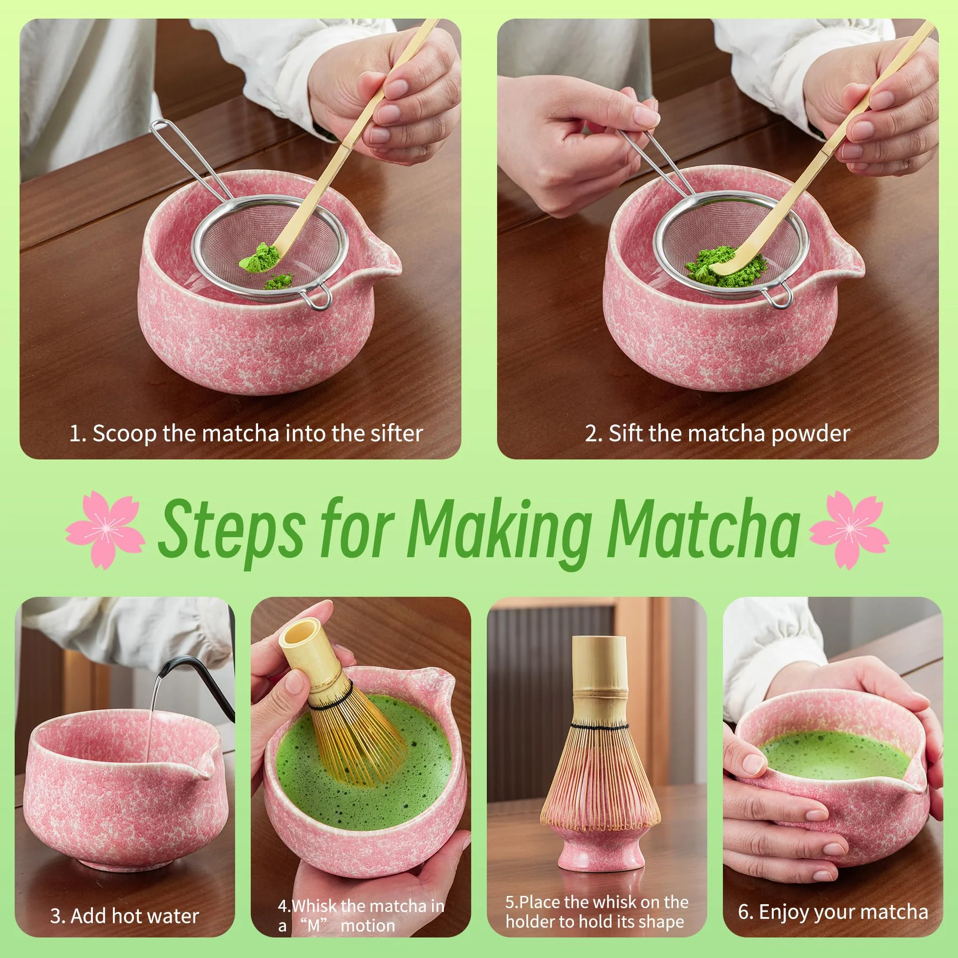 TEANAGOO Zestaw trzepaczek Matcha, zestaw 7 szt., różowy, zestaw do ceremonii matcha, zestaw do herbaty matcha do robienia latte, ceramiczna miska (chawan) z wylewką i trzepaczką, prezent dla