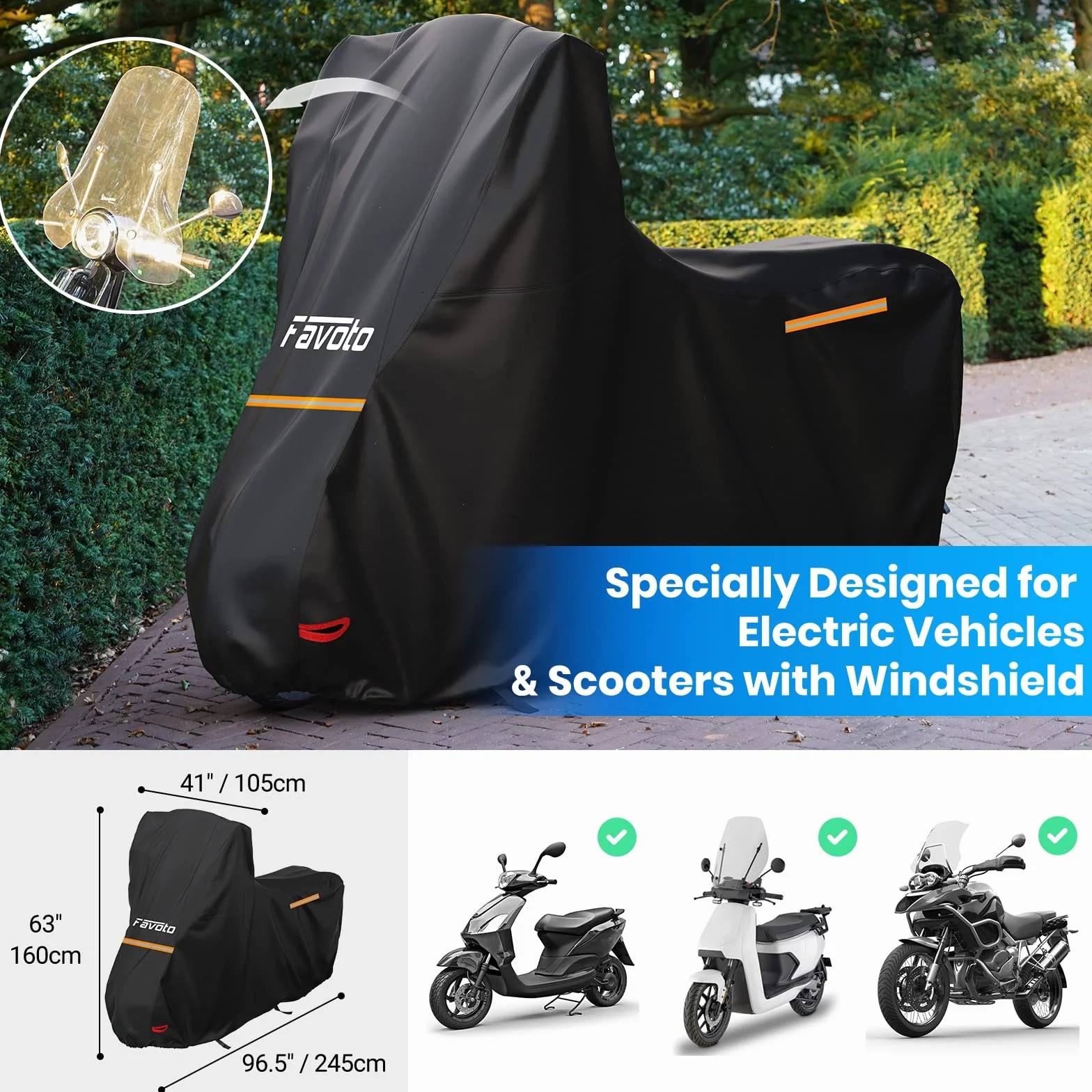 Favoto Pokrowiec na motocykl Wodoodporny Pokrowiec na motocykl Zewnętrzny 210D Oxford na motocykle Skutery elektryczne z przednią szybą Pasek odblaskowy Otwór na zamek 245cmx105cmx160cm Czar