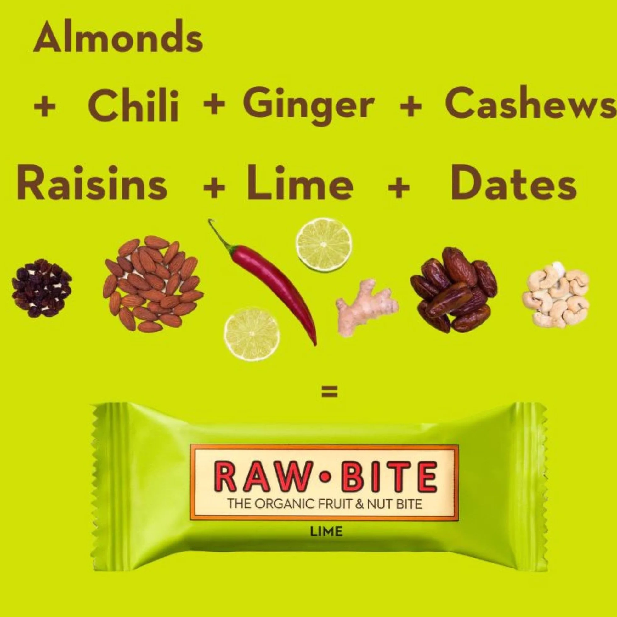 RAWBITE LIME w pudełku 12 szt. – wegańskie, bezglutenowe i bez dodatku cukru – batoniki owocowo-orzechowe z sokiem z limonki (12 x 50 g)