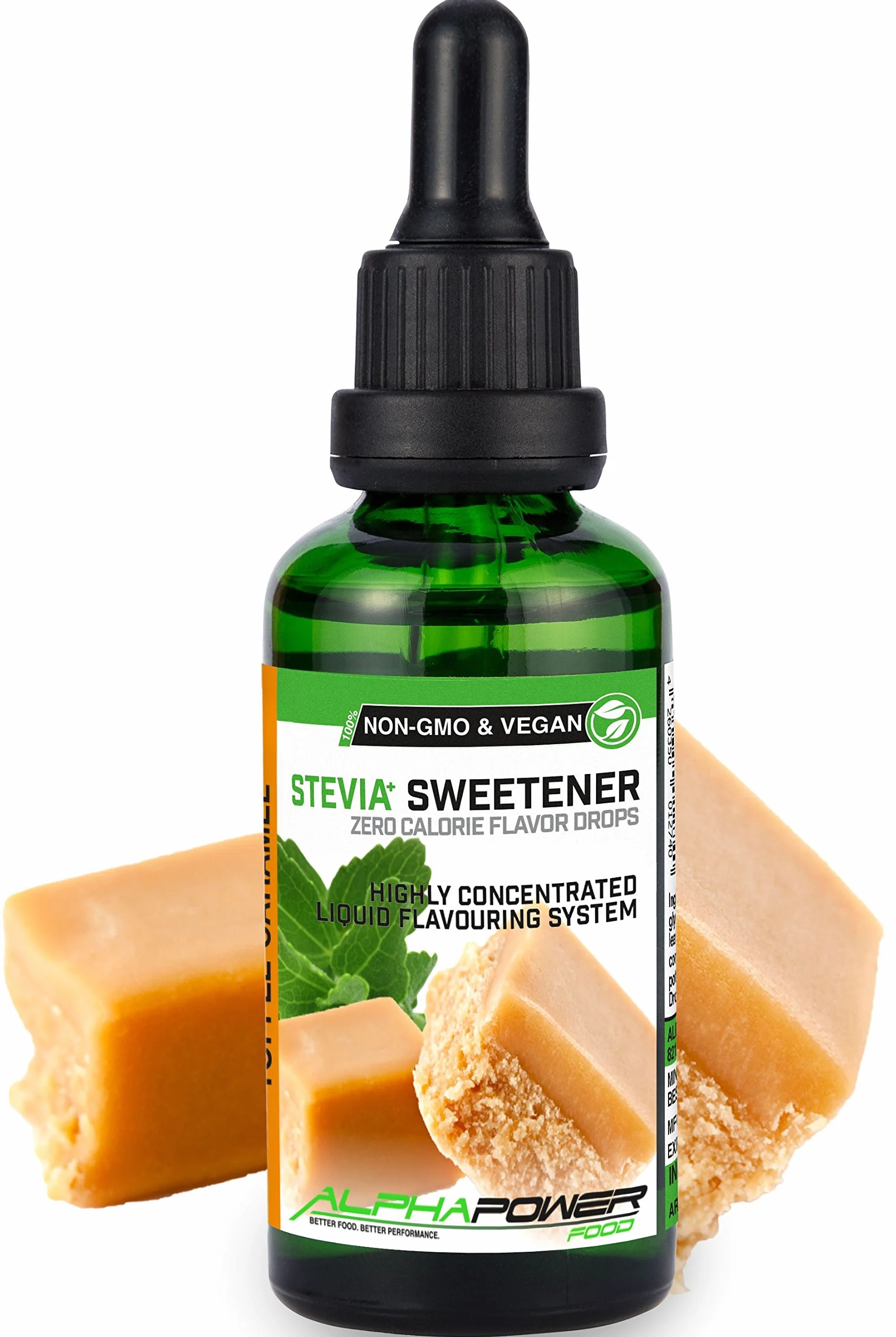 ALPHAPOWER FOOD | Stewia bez cukru, krople smakowe TOFFEE CARAMEL | 100% naturalny aromat w płynie + zamiennik cukru do wody, musli, słodkich potraw, smoothies