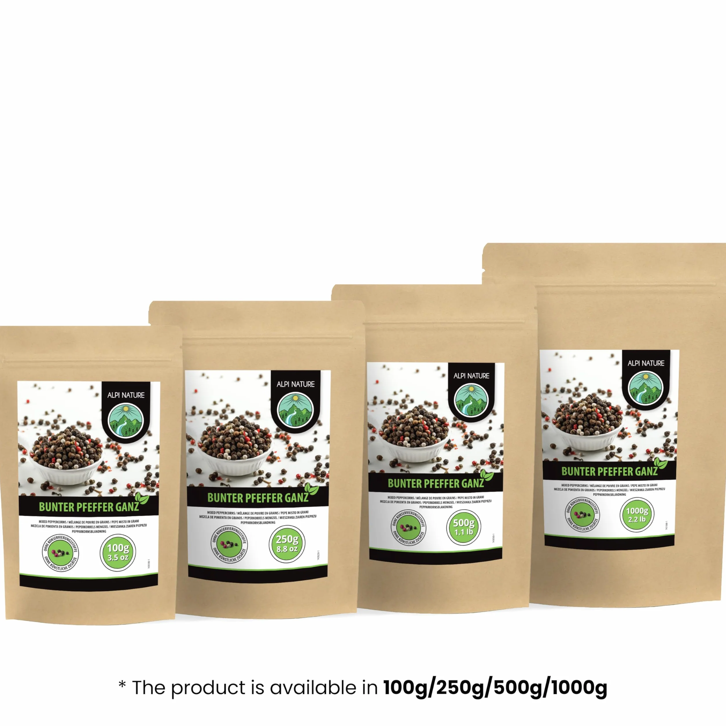 Alpi Nature Mieszanka Ziaren Pieprzu 100g, Całe Ziarna Czarnego, Białego, Różowego i Zielonego Pieprzu