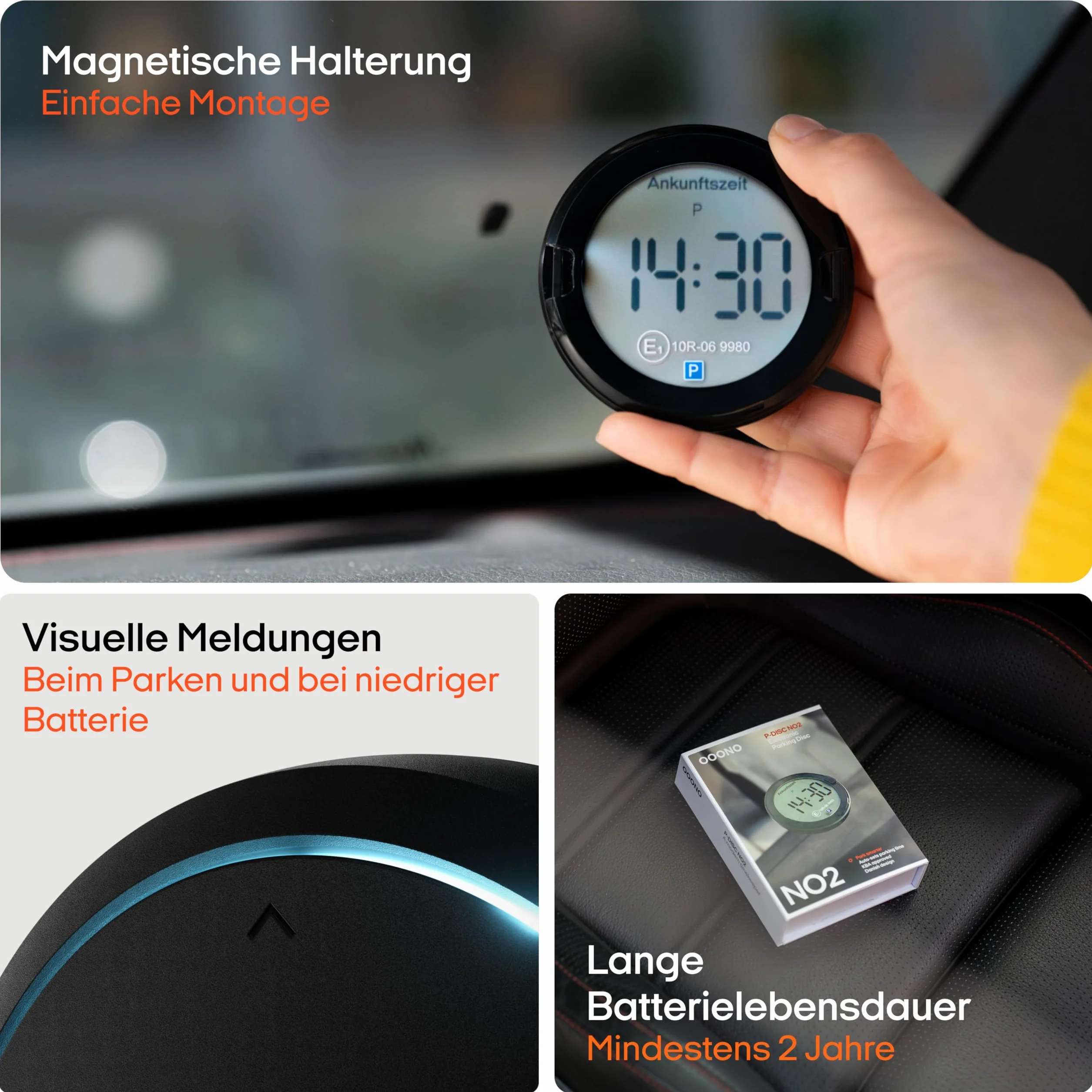 OOONO P-DISC NO2 – elektroniczna tarcza parkingowa z dopuszczeniem do użytku w samochodzie – automatyczna cyfrowa tarcza parkingowa z dopuszczeniem do ruchu drogowego KBA zgodnie z niemieckim prawem o
