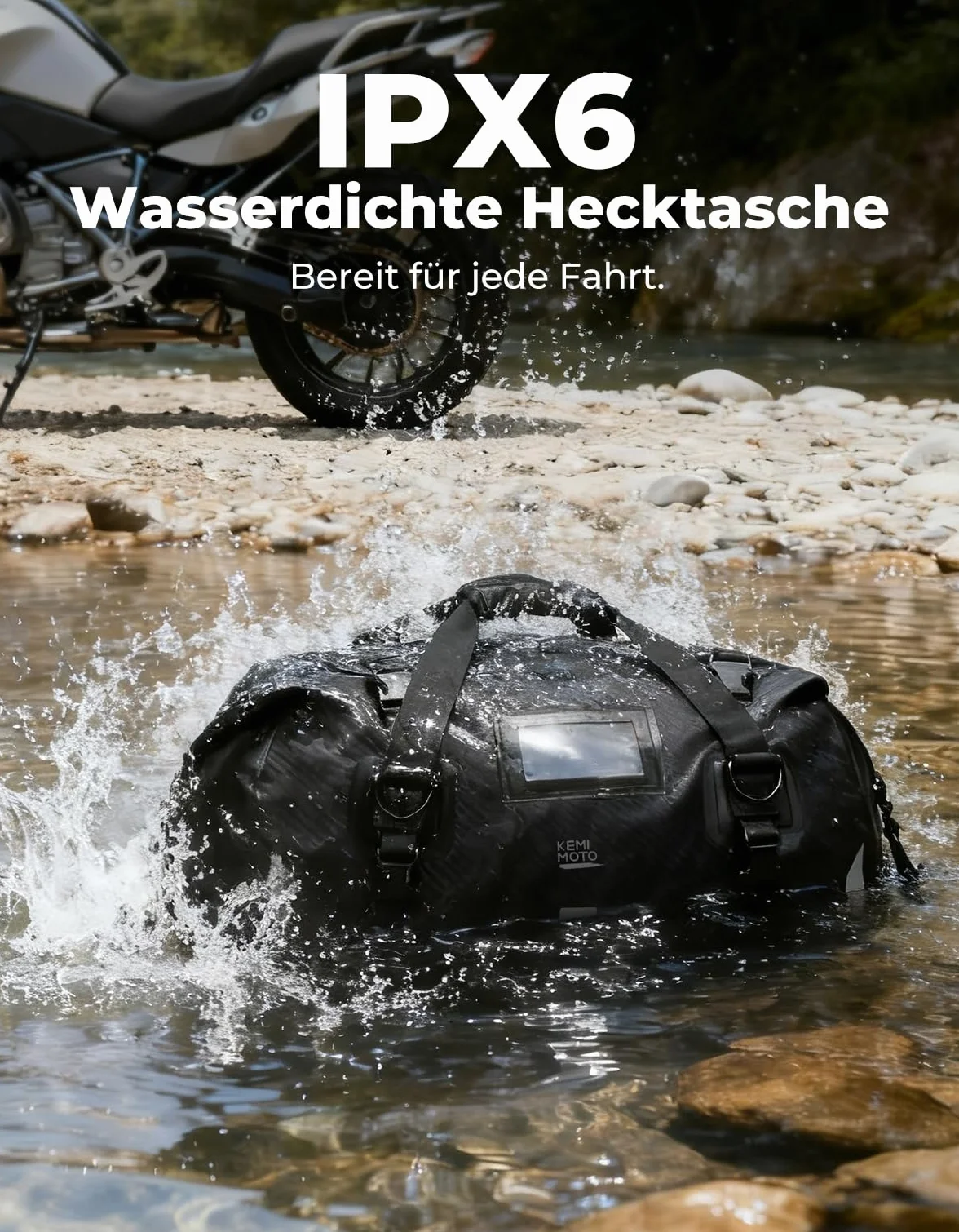 KEMIMOTO Torba motocyklowa, 40 l, wodoodporna tylna torba motocyklowa z paskiem na ramię, torba na siodełko motocyklowe z 4 pasami mocującymi do motocykli, jazdy na rowerze, kempingu, podróży