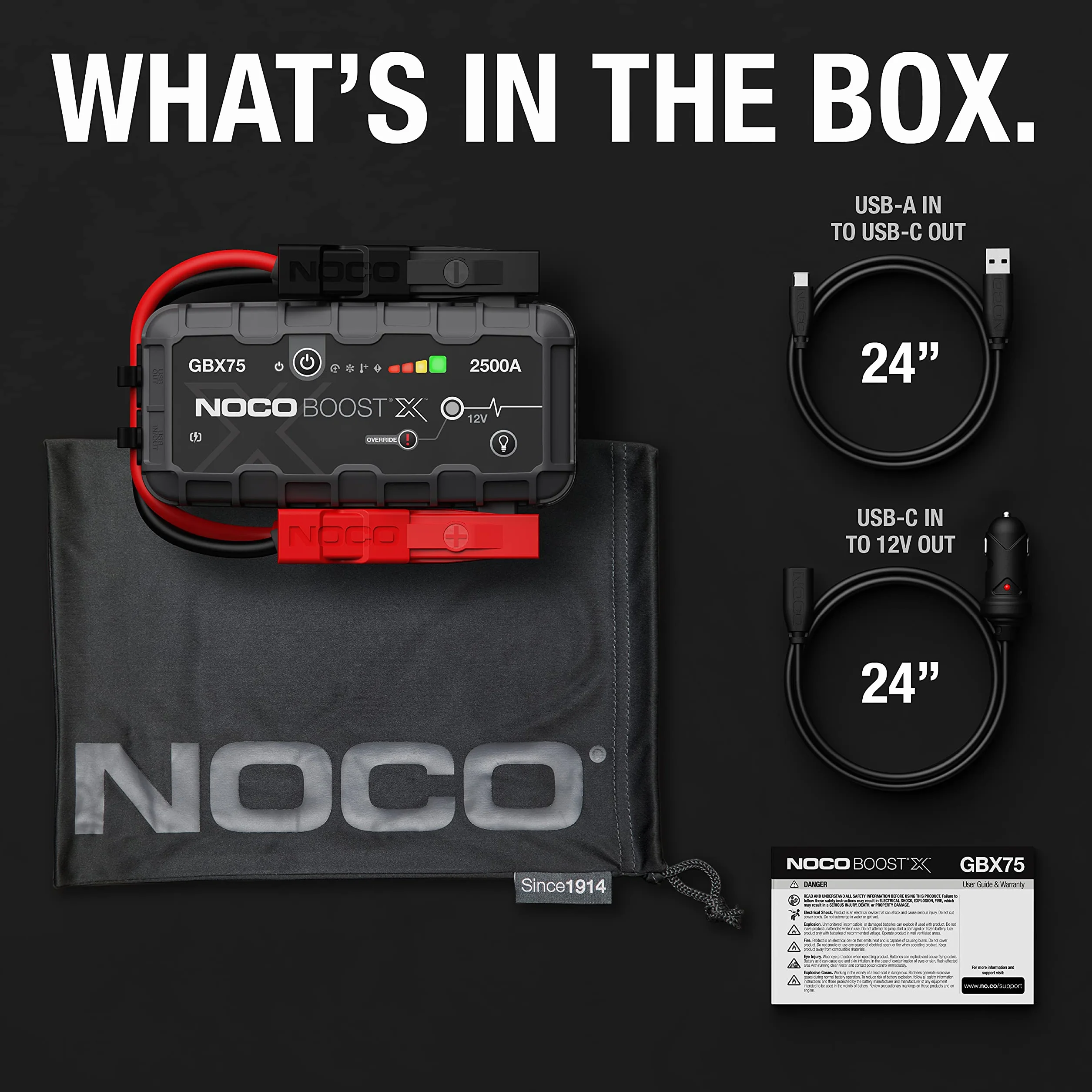 NOCO Boost X GBX75 2500A 12V UltraSafe litowy urządzenie rozruchowe, booster do akumulatora I kable rozruchowe do 8,5-litrowych silników benzynowych i 6,5-litrowych silników wysokoprężnych