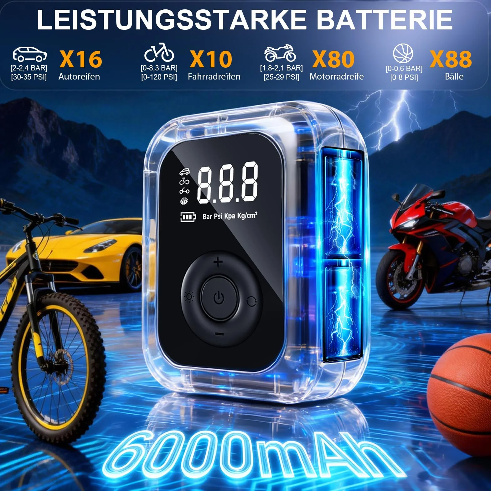 Przenośna sprężarka powietrza, 150 PSI, elektryczna pompka rowerowa, mini kompresor rowerowy z cyfrowym wyświetlaczem LED i oświetleniem LED, przenośna pompka elektryczna do rowerów, samochodów i