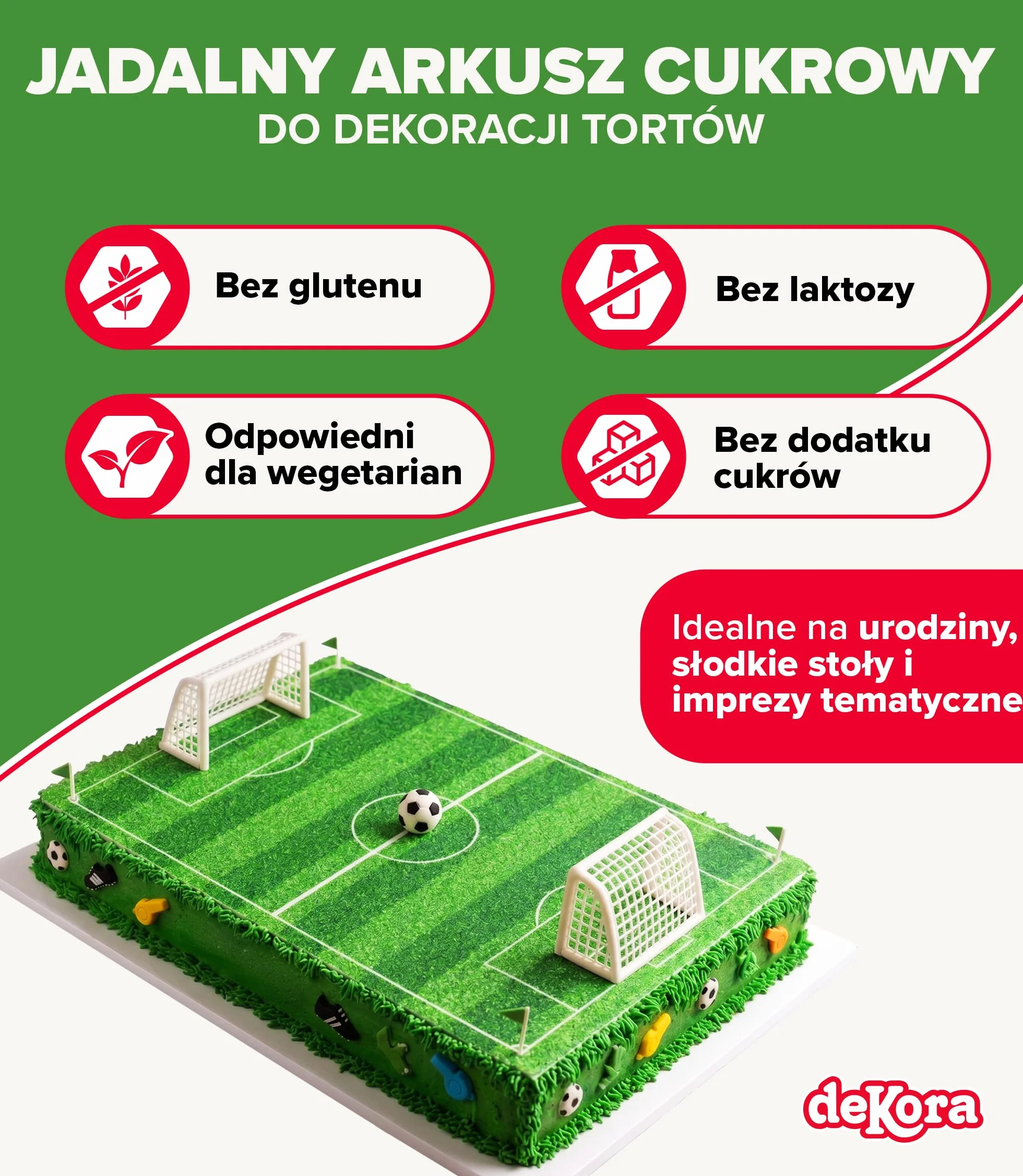 dekora – Jadalny arkusz Boisko Piłkarskie 20 x 27 cm | Dekoracja tortów i ciast | Bez dodatku cukru | Bez glutenu | Odpowiedni dla wegetarian
