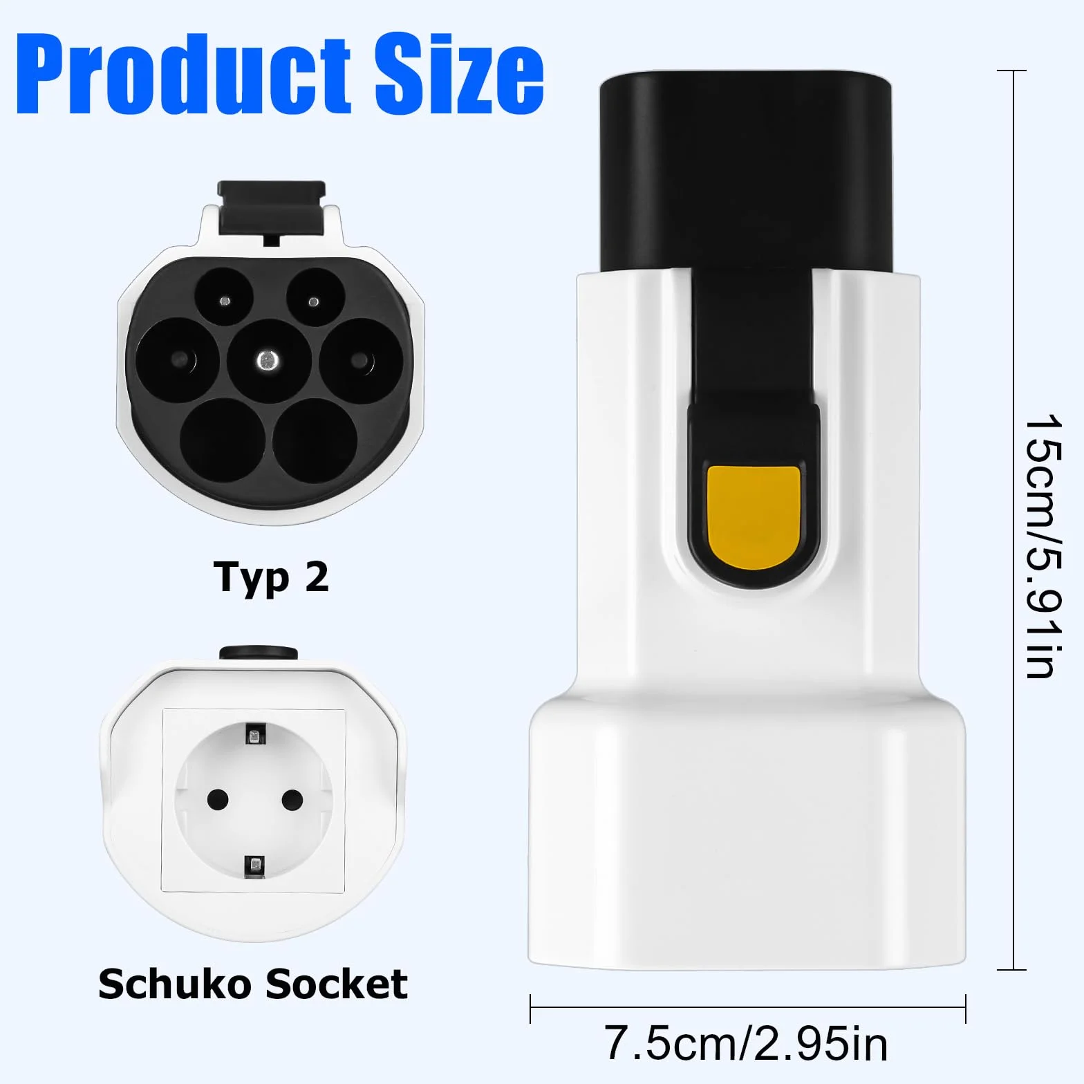 Azyvum Adapter typu 2 na Schuko do kolumny ładowania, stacja ładująca typ 2, 220 V, 16 A, 3,5 kW, gniazdo Schuko, adapter do skuterów, wózków elektrycznych, rowerów elektrycznych