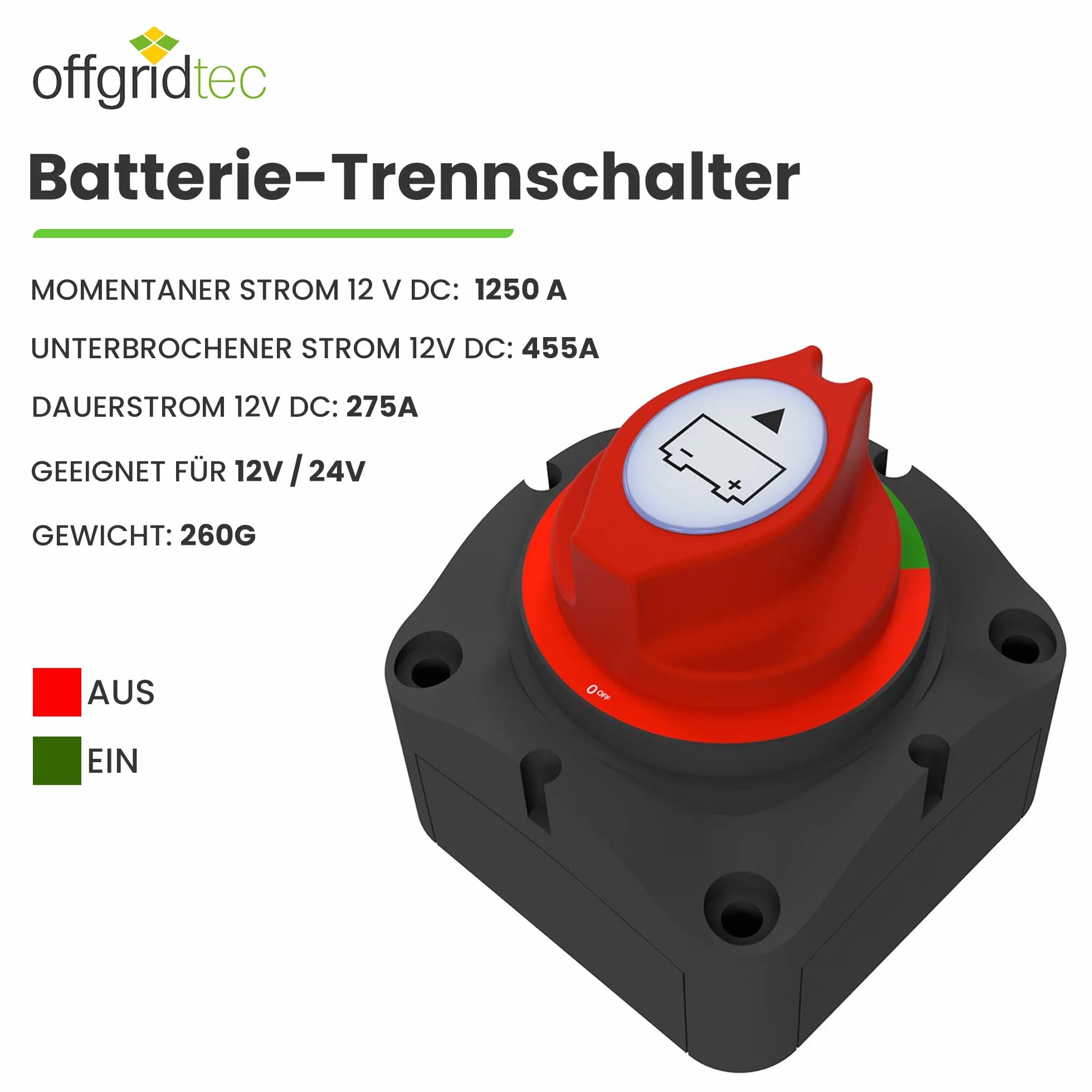 Offgridtec Odłącznik akumulatora 12 V 24 V 275 A M10 przyłącze śrubowe