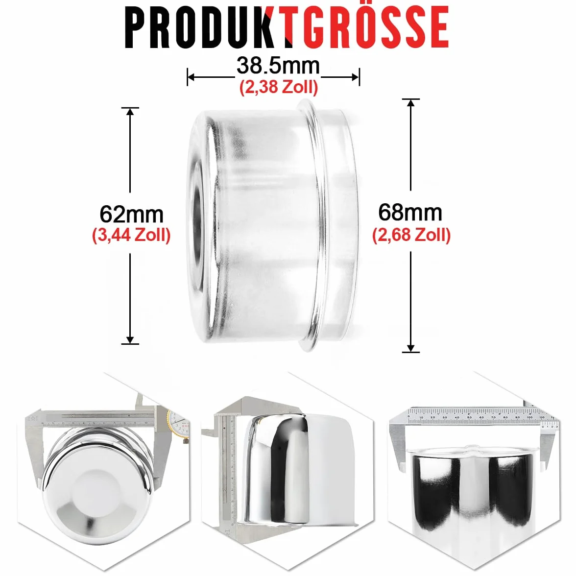 RhinoTuning Zestaw zaślepek przeciwpyłowych 62 mm średnica 68 mm chromowane