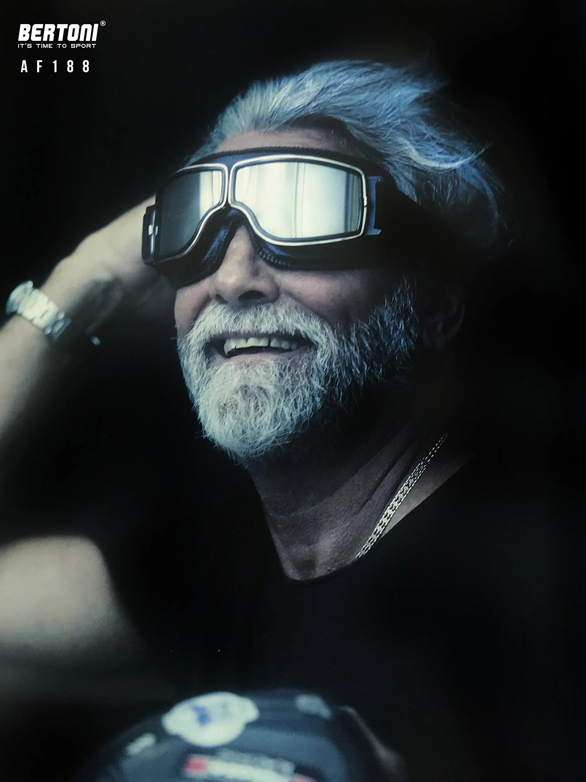 BERTONI Okulary motocyklowe w stylu vintage - czarne skórzane okulary Aviator do kasków (przezroczyste srebrne soczewki lustrzane)