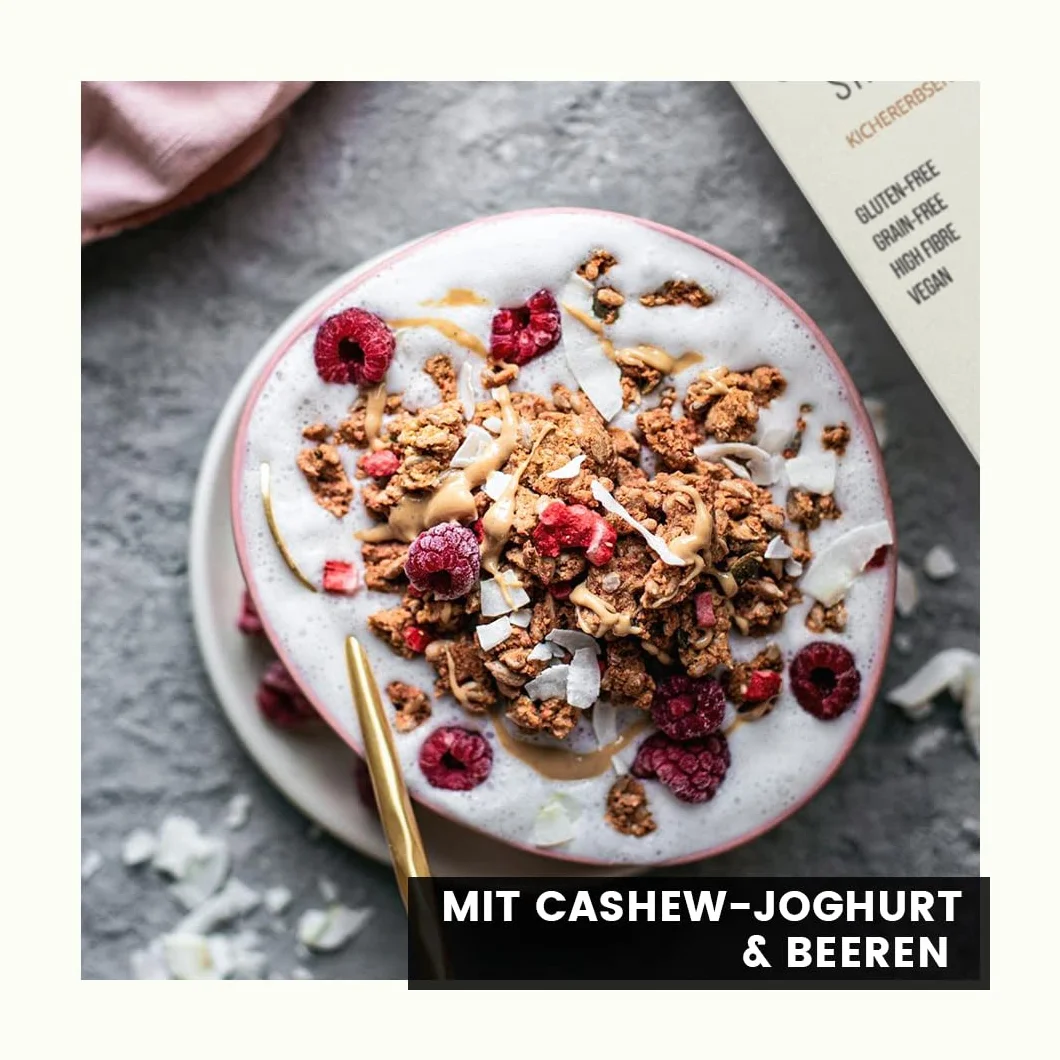 Planet Plant-Based Bio Granola Kichererbsen Truskawkowy kokos 320 g Bez glutenu Proteinreich Vegan Ballaststoff