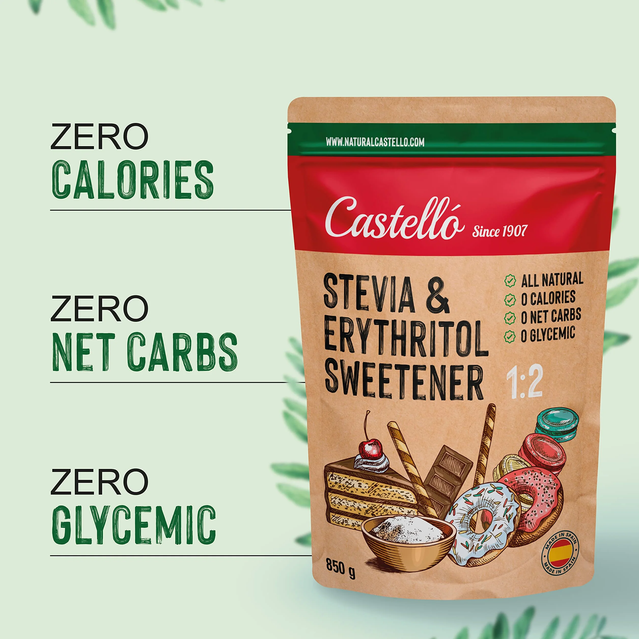 Słodzik Stevia + Erytrytol 1:2 | 1g = 2g cukru | Słodzik o 100% naturalnym smaku - 0 Kalorii - 0 Indeks Glikemiczny - Keto i Paleo - 0 Węglowodanów Netto - Bez GMO - Castello since 1907-850 g