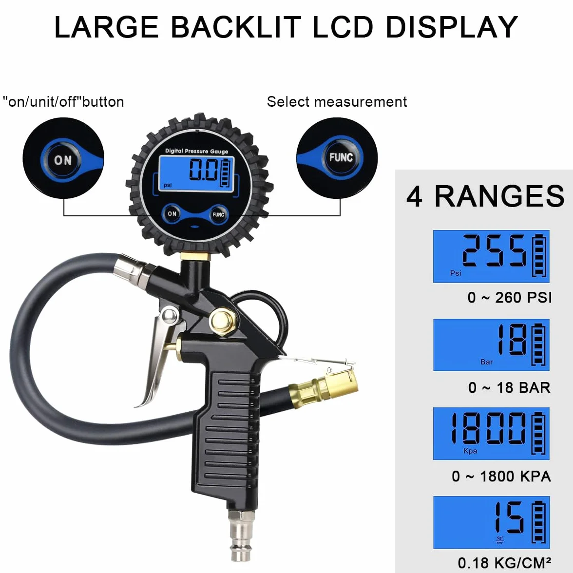 Cyfrowy miernik ciśnienia w oponach URAQT, manometr do opon 220 PSI z wyświetlaczem LCD, pompka do opon o dużej wytrzymałości, narzędzie pneumatyczne z wężem gumowym i szybkozłączem, uchwyt powietrza