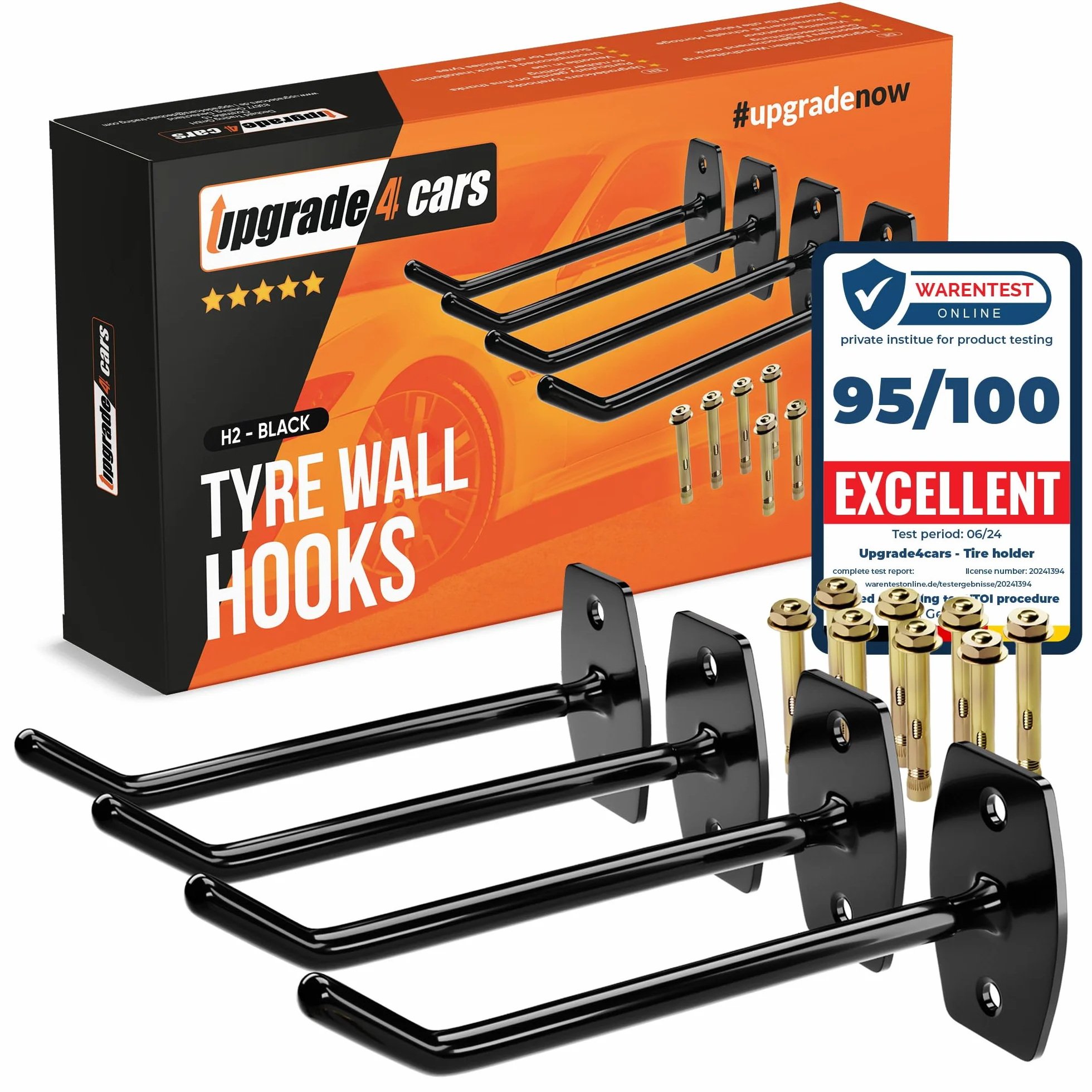 Upgrade4cars Uchwyt ścienny na opony do garażu na 4 felgi | Haki ścienne do opon samochodowych do 22 cali | Zestaw haków do wieszania opon | Gumowany uchwyt ścienny na opony ze stali nierdzewnej