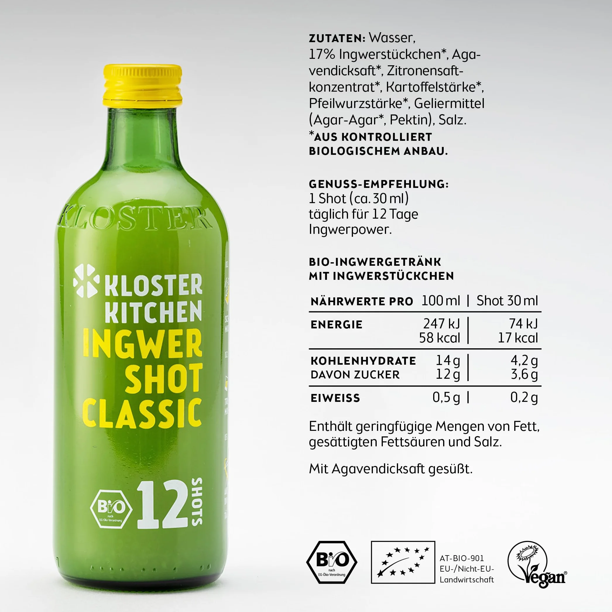 Kloster Kitchen Bio Imbir Shot Classic 3 x 360 ml 12 SHOTS wegański shot imbirowy słodko-ostry bez dodatków