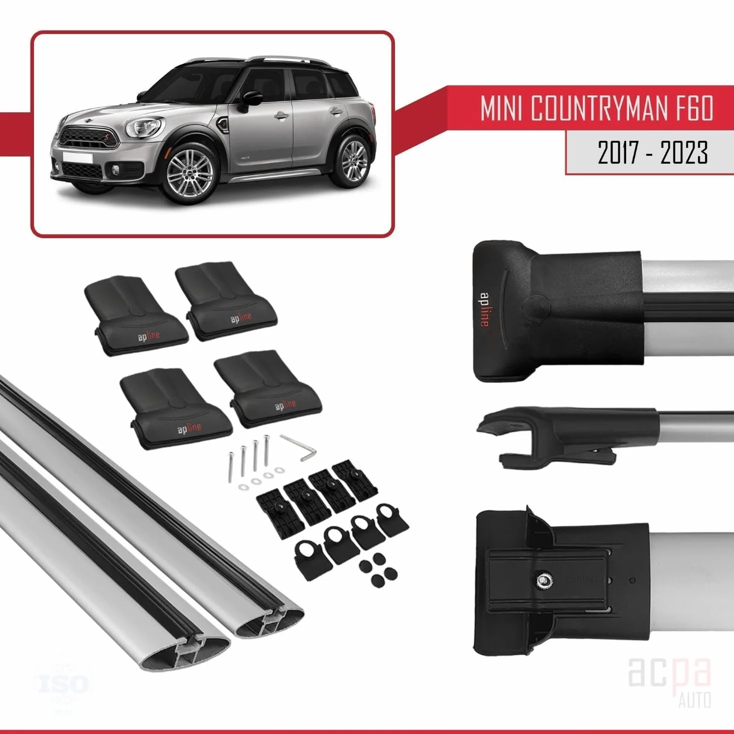 Kompatybilny z Mini Countryman (F60) 2017-2023, bagażnik dachowy, model Fly, 3 bary, bagażnik, szary
