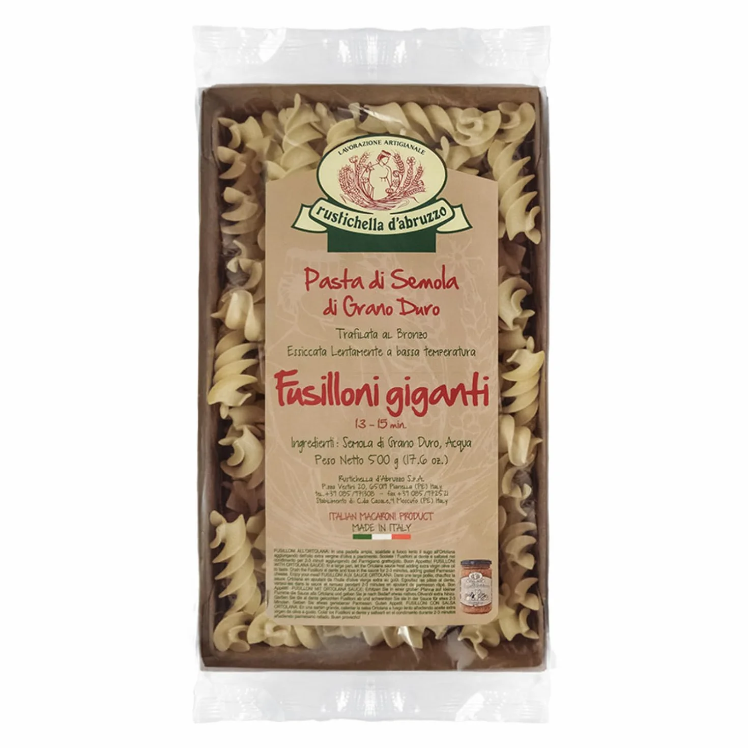 Rustichella d'Abruzzo Fusilloni Semolina z pszenicy durum | Ciasto ciągnione z brązu - 1 x 500 g | Włoski makaron ręcznie suszony powoli w niskiej temperaturze