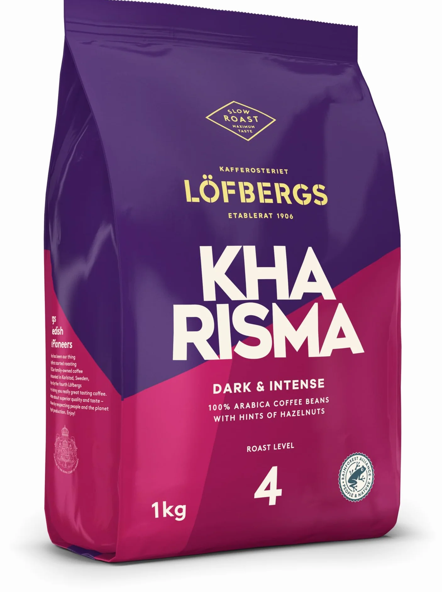 LÖFBERGS Kharisma, Kawa Ziarnista 100% Arabica, Ciemne Palenie, Intensywny Smak z Nutami Orzechów i Kakao, Certyfikat Rainforest Alliance, 1kg