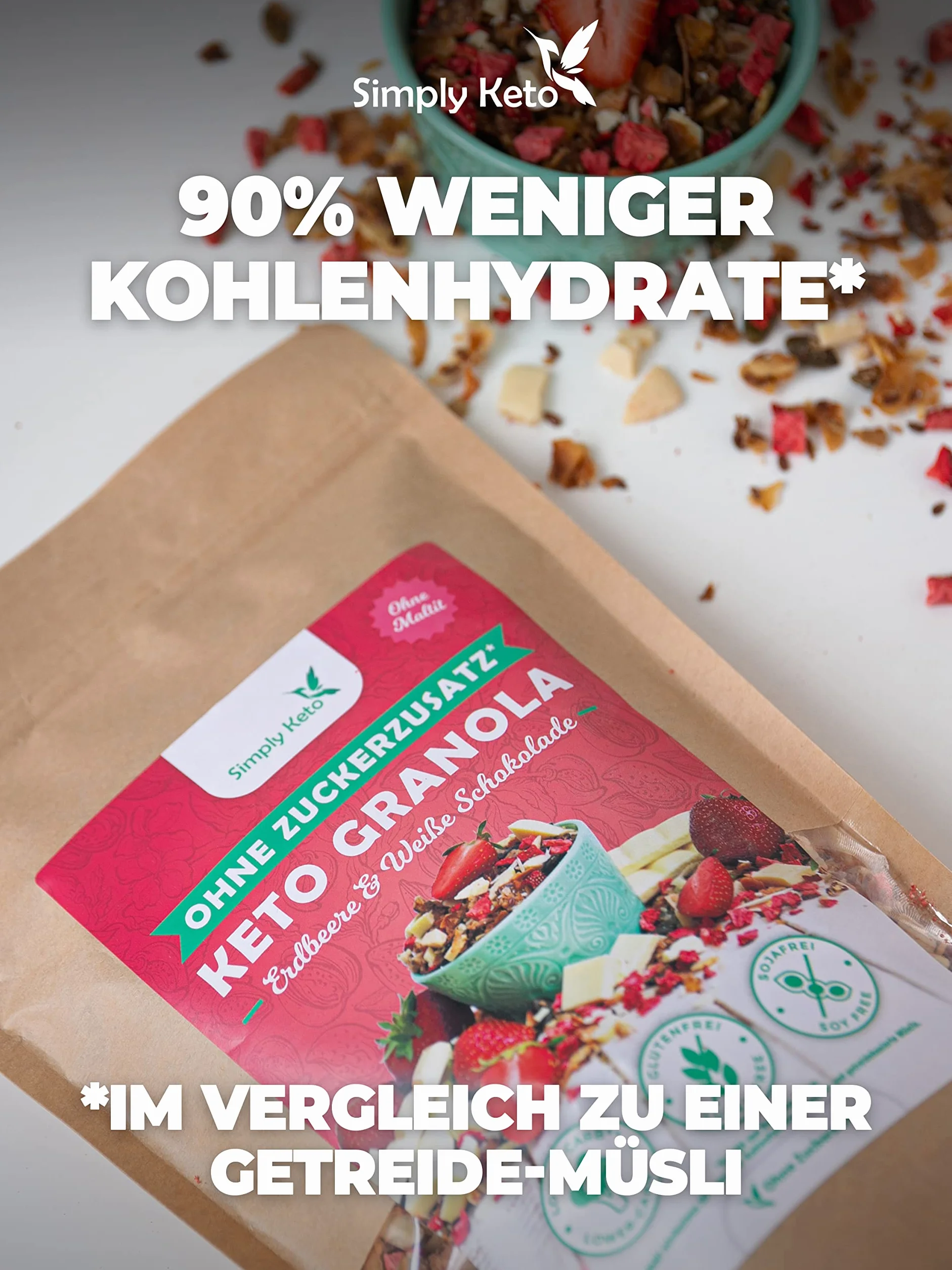 Simply Keto Niski poziom węglowodanów Erdbeer Knusper Granola z białą czekoladą bez dodatku cukru 250g