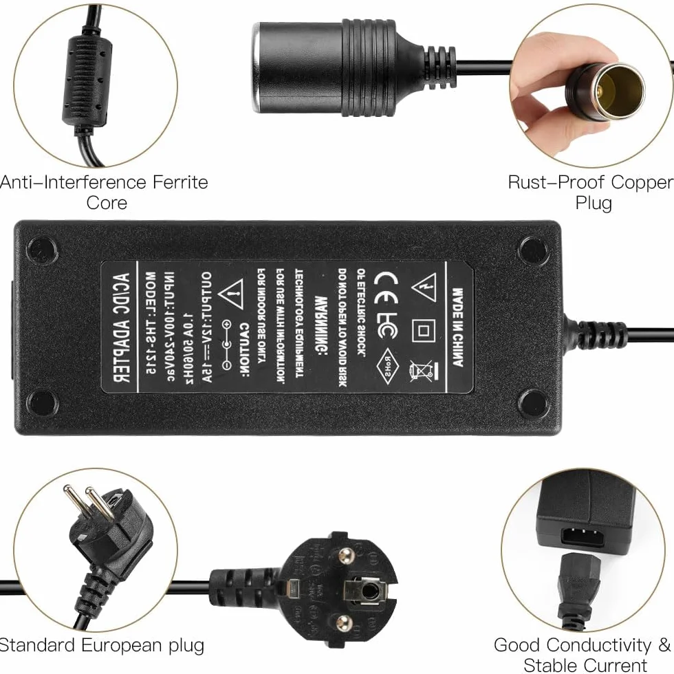 Adapter sieciowy do samochodu, 15 A, 180 W, przetwornica napięcia AC na DC 240 V na 12 V, regulator napięcia, adapter do odkurzacza, zapalniczki, wentylatora, nawilżacza powietrza, innych