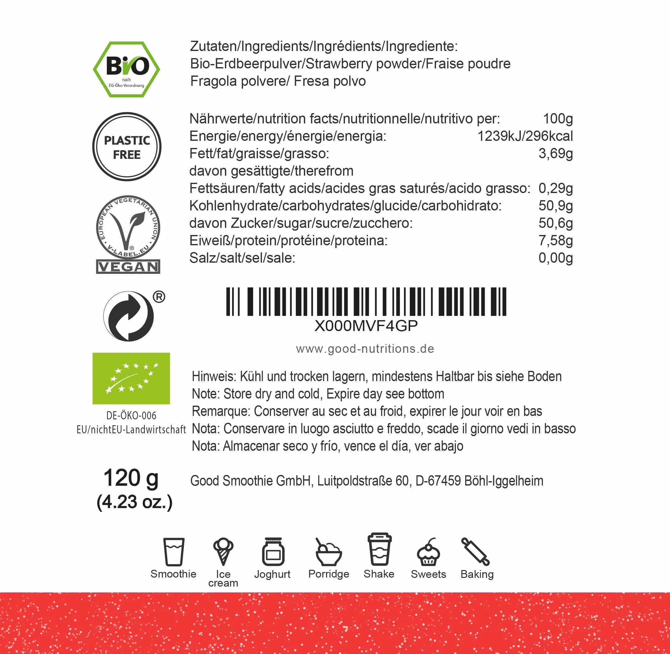 Good Nutritions® Proszek truskawkowy – liofilizowany | ekologiczny, wegański, bez dodatków, smoothie, miska do smoothie, jogurt, deser, granola, 120 g