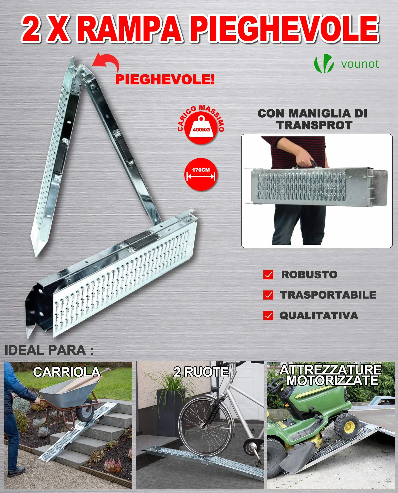 VOUNOT 2 x składana rampa najazdowa, rampa do ładowania maks. 400 kg, rampa składana do motocykli, przyczep, kosiarek, traktorów, trawników, 160 x 22,5 x 4,5 cm