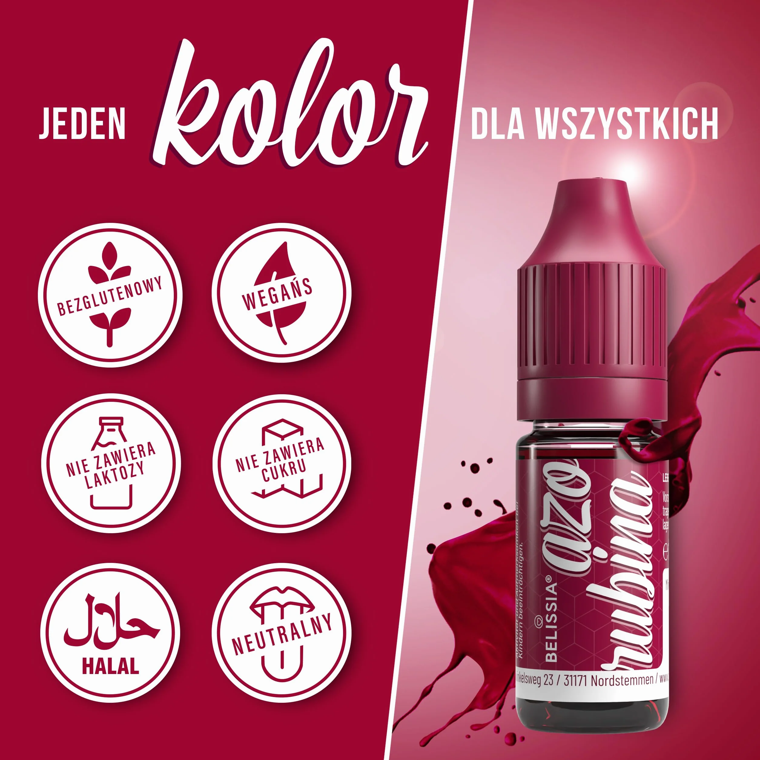 Belissia Barwnik Spożywczy Azorubina 10ml, niezwykle skoncentrowany, płynny do barwienia napojów, ciasta, polew i wszystkich innych produktów spożywczych.